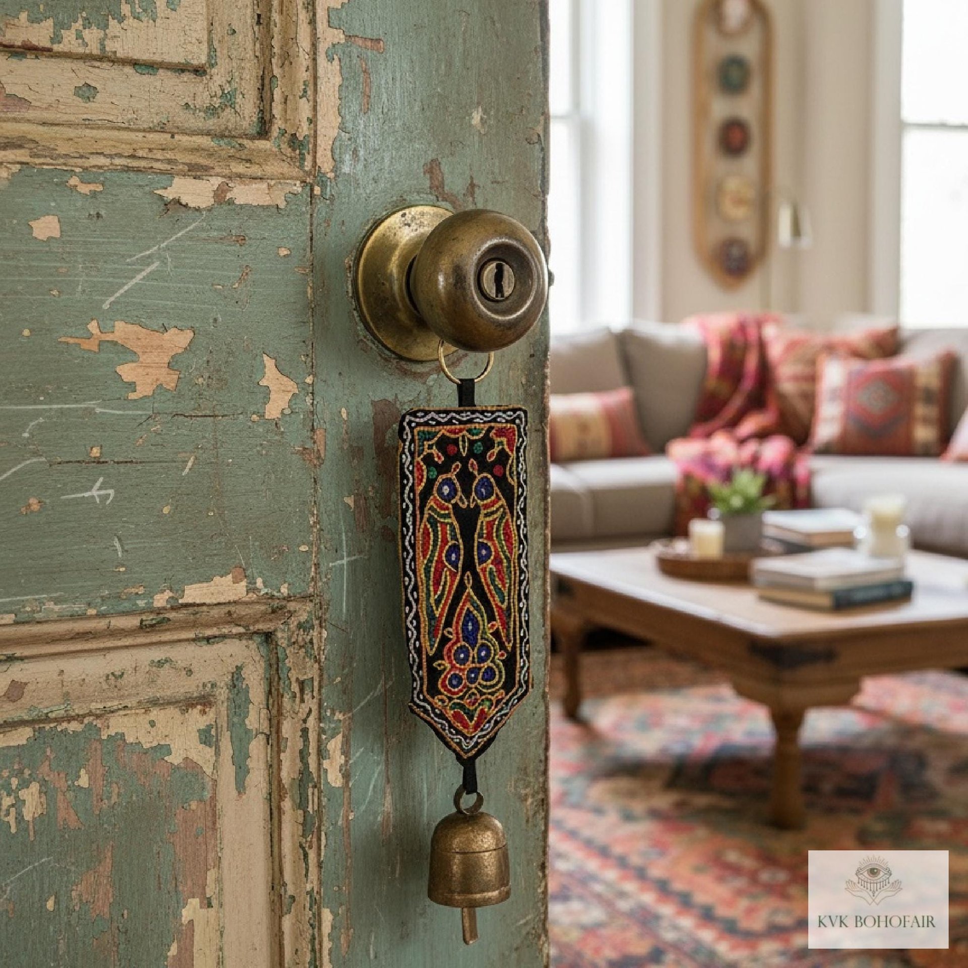 Boho Shisha Mirror Embroidery Fabric Banner Chime - Recycled Indian Wall Bell