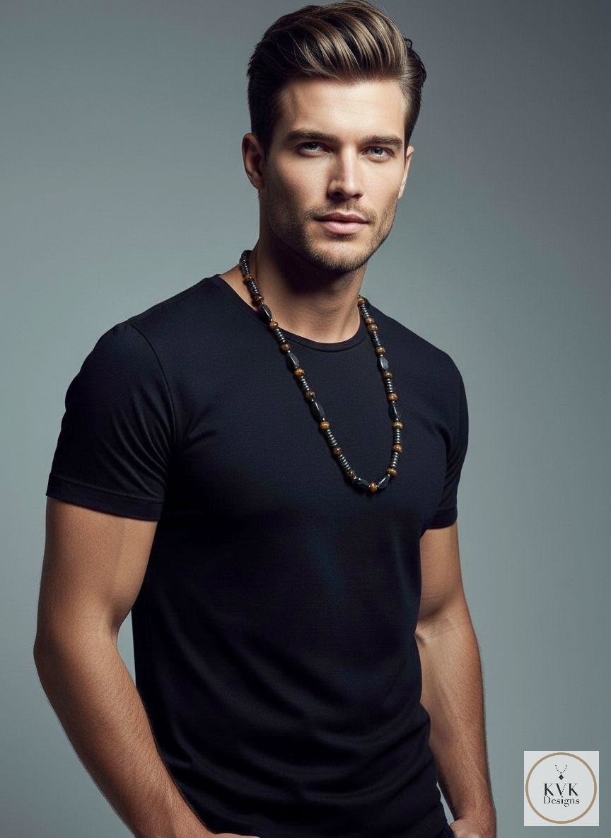 Men's Magnetic Hematite Tigers Eye Bead Necklace