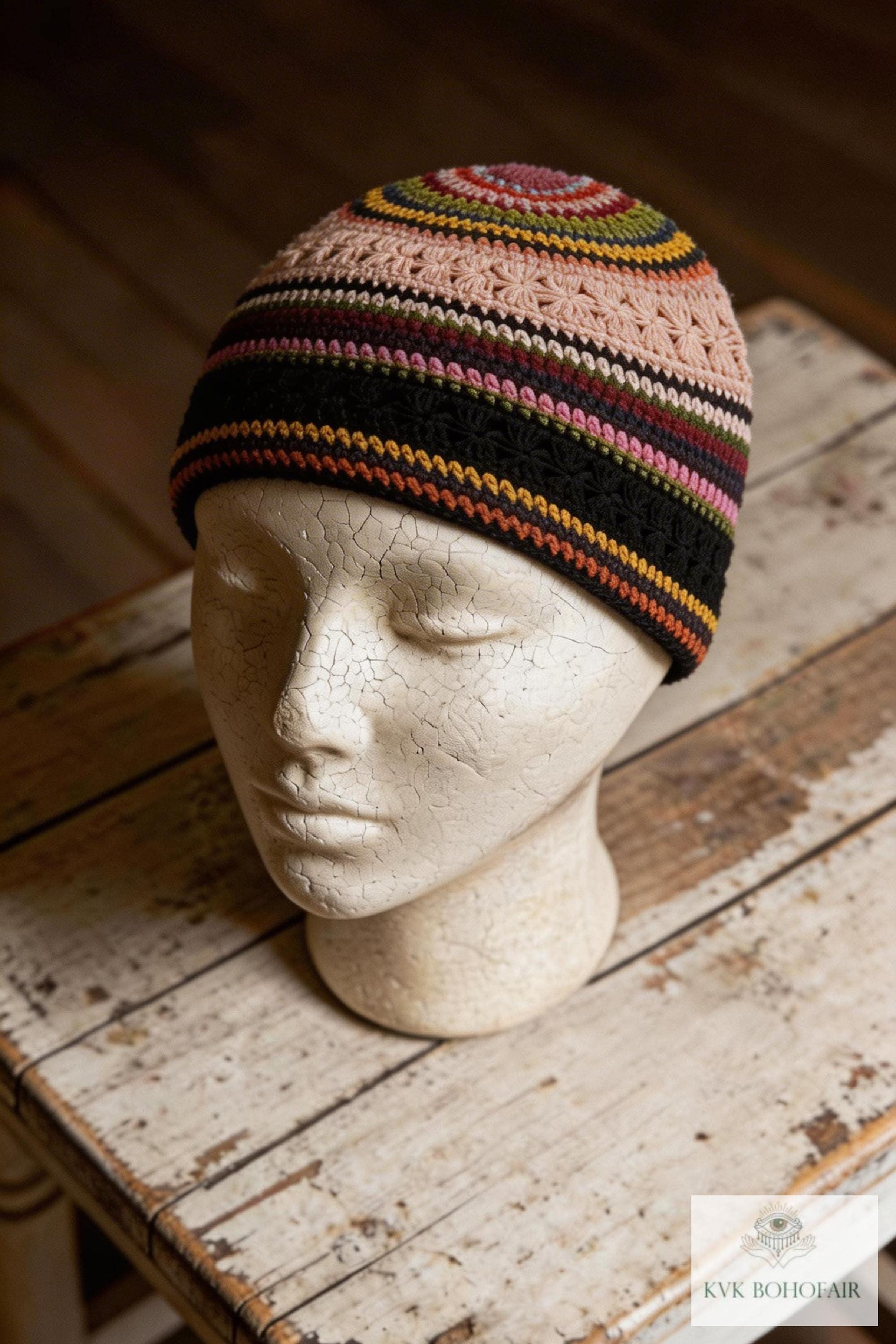 Striped Kufi Skull Cap - Crocheted Beanie Hat, Ethically sourced