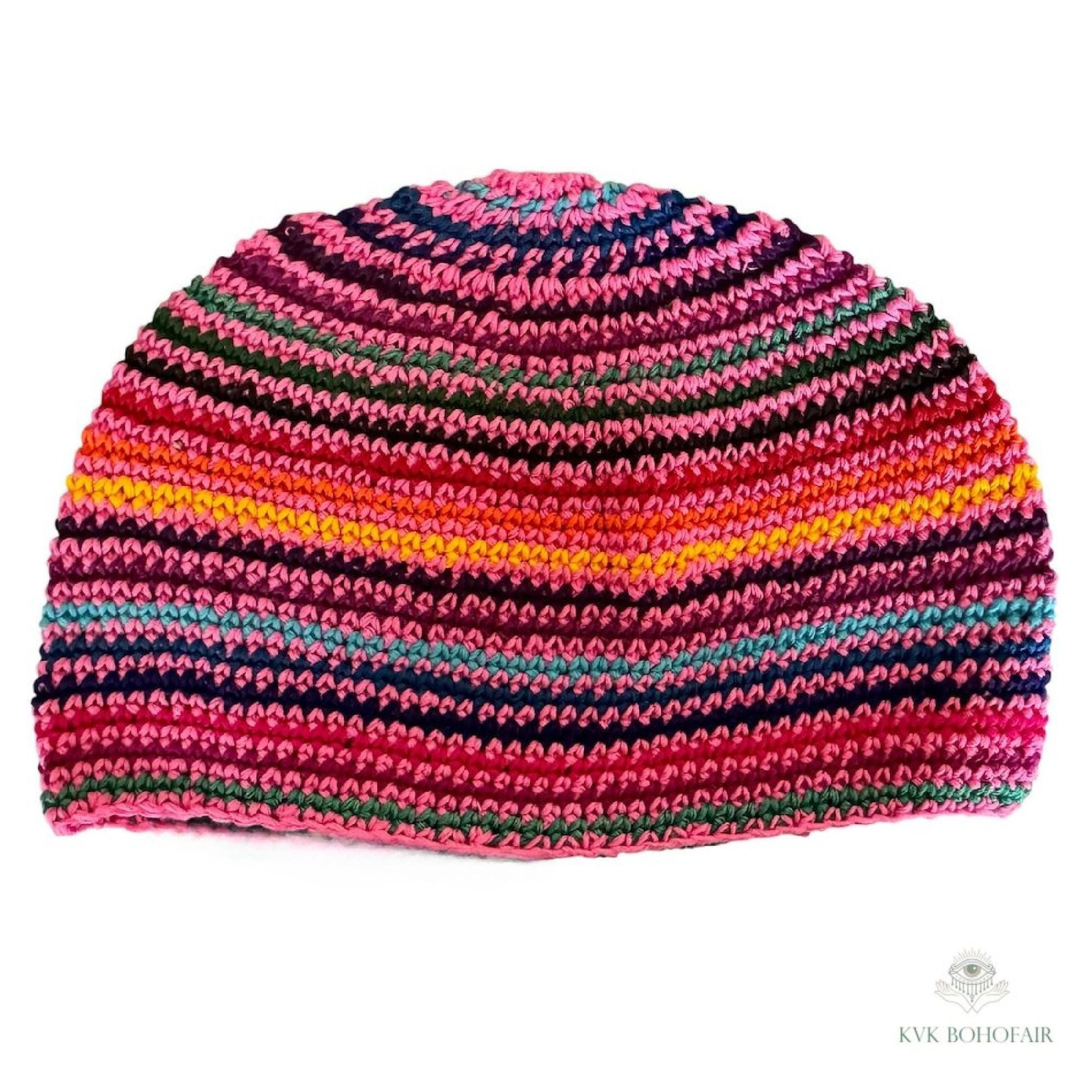 Pink Stripe Kufi Skull Cap - Crocheted Beanie Hat, Ethically sourced