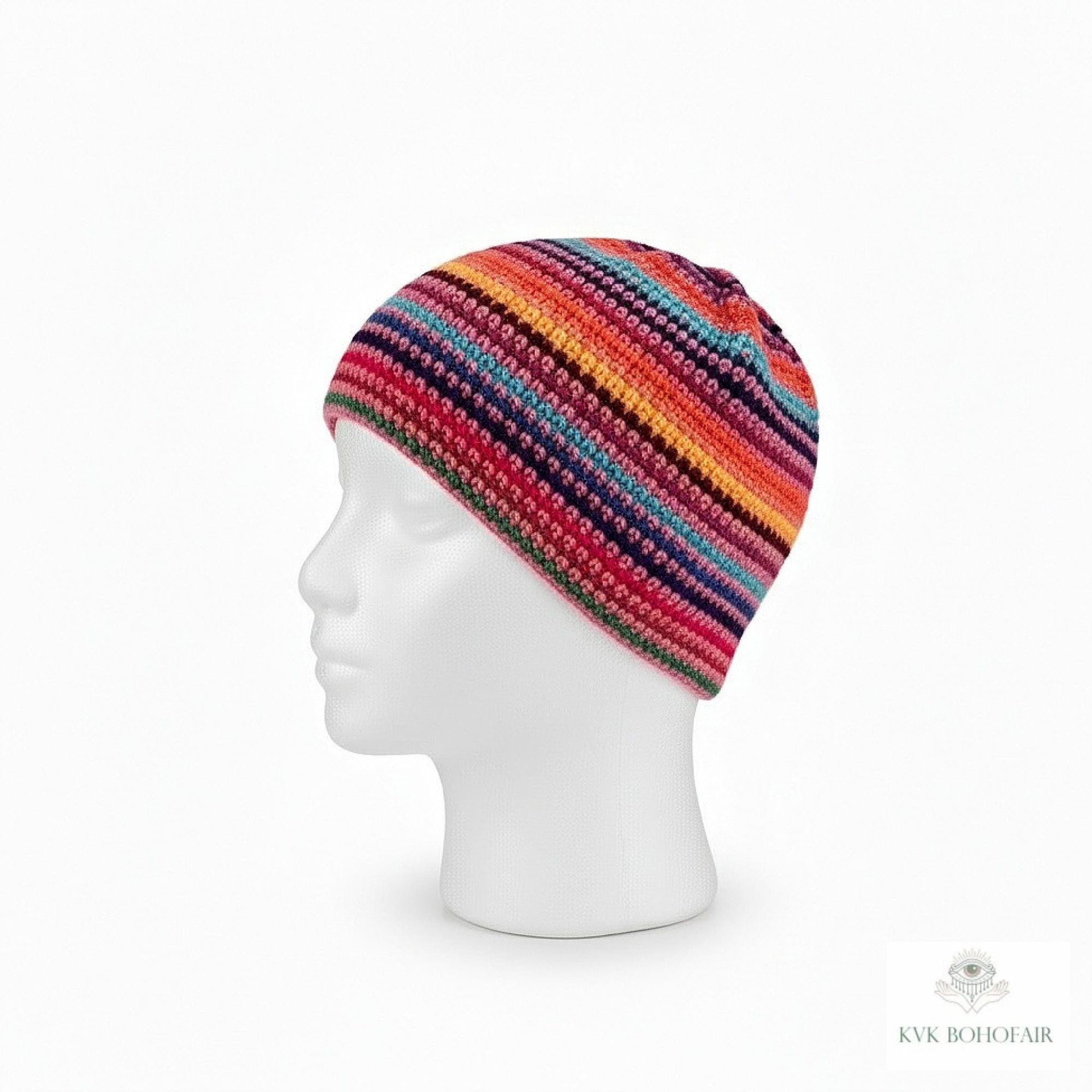 Pink Stripe Kufi Skull Cap - Crocheted Beanie Hat, Ethically sourced