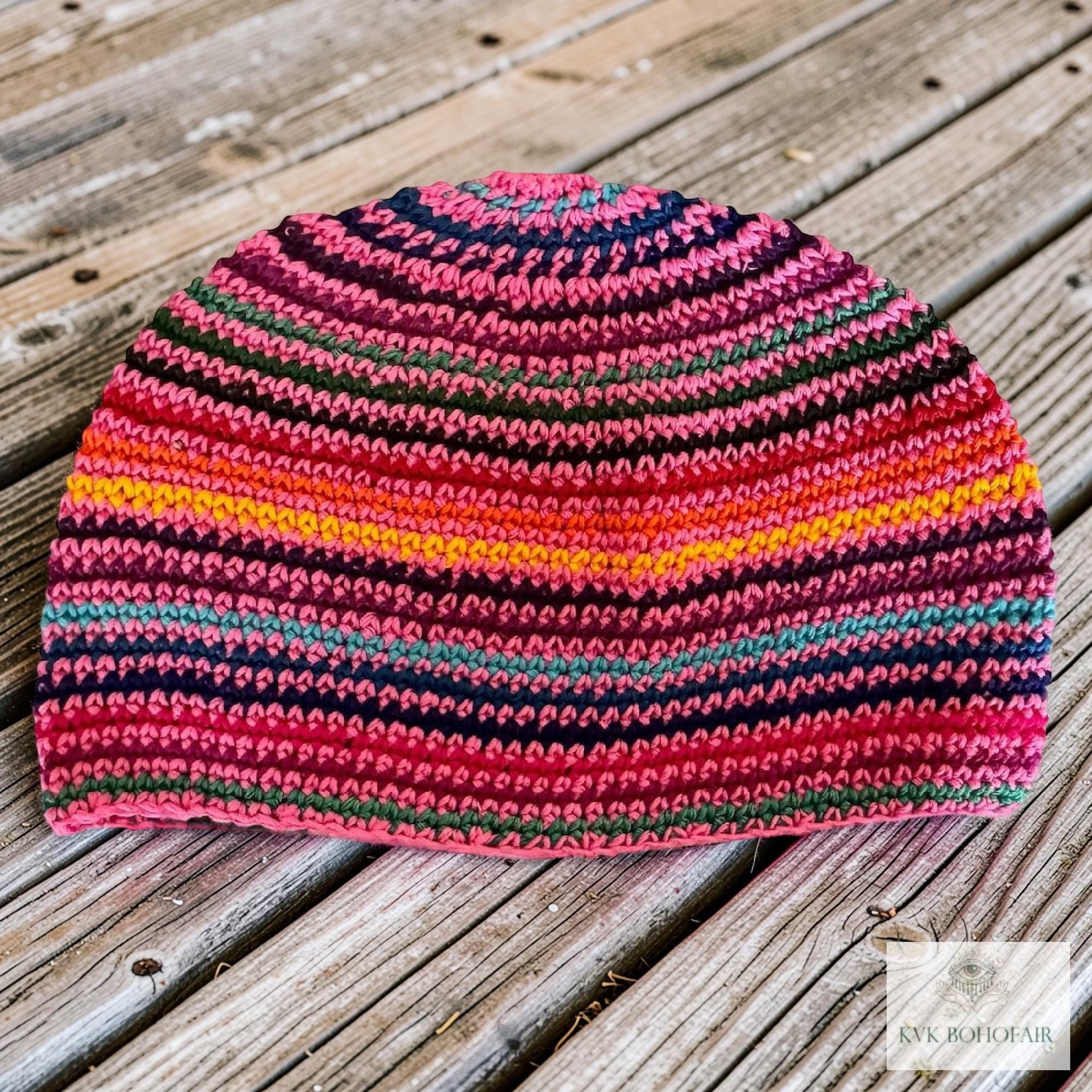 Pink Stripe Kufi Skull Cap - Crocheted Beanie Hat, Ethically sourced