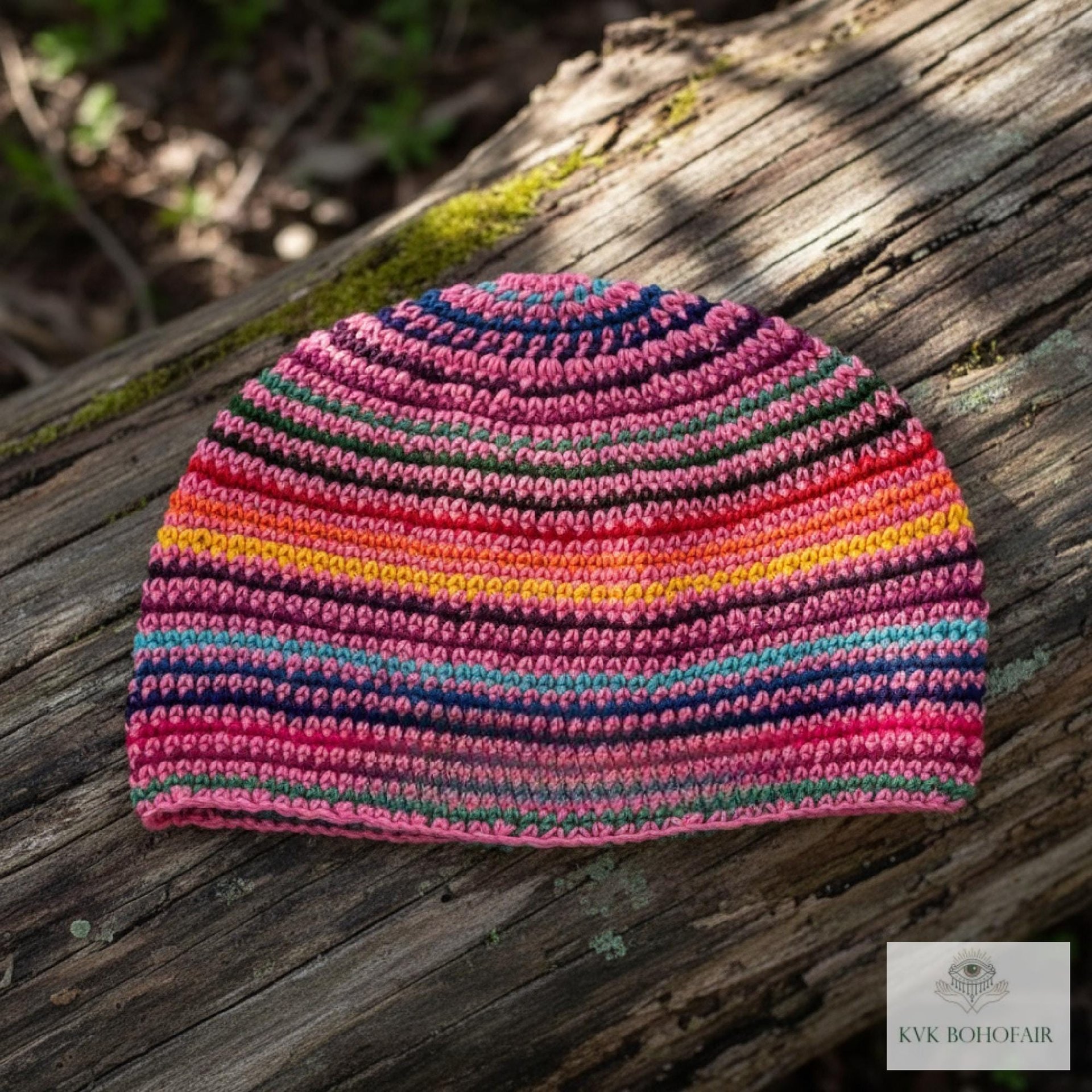 Pink Stripe Kufi Skull Cap - Crocheted Beanie Hat, Ethically sourced