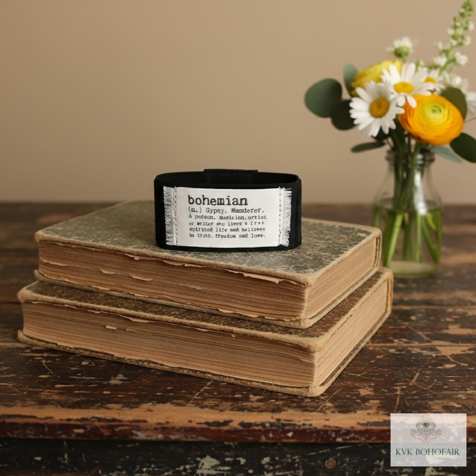 Black Suede Boho Cuff Bracelet - Cotton Fabric, Vintage Crochet, Button Closure