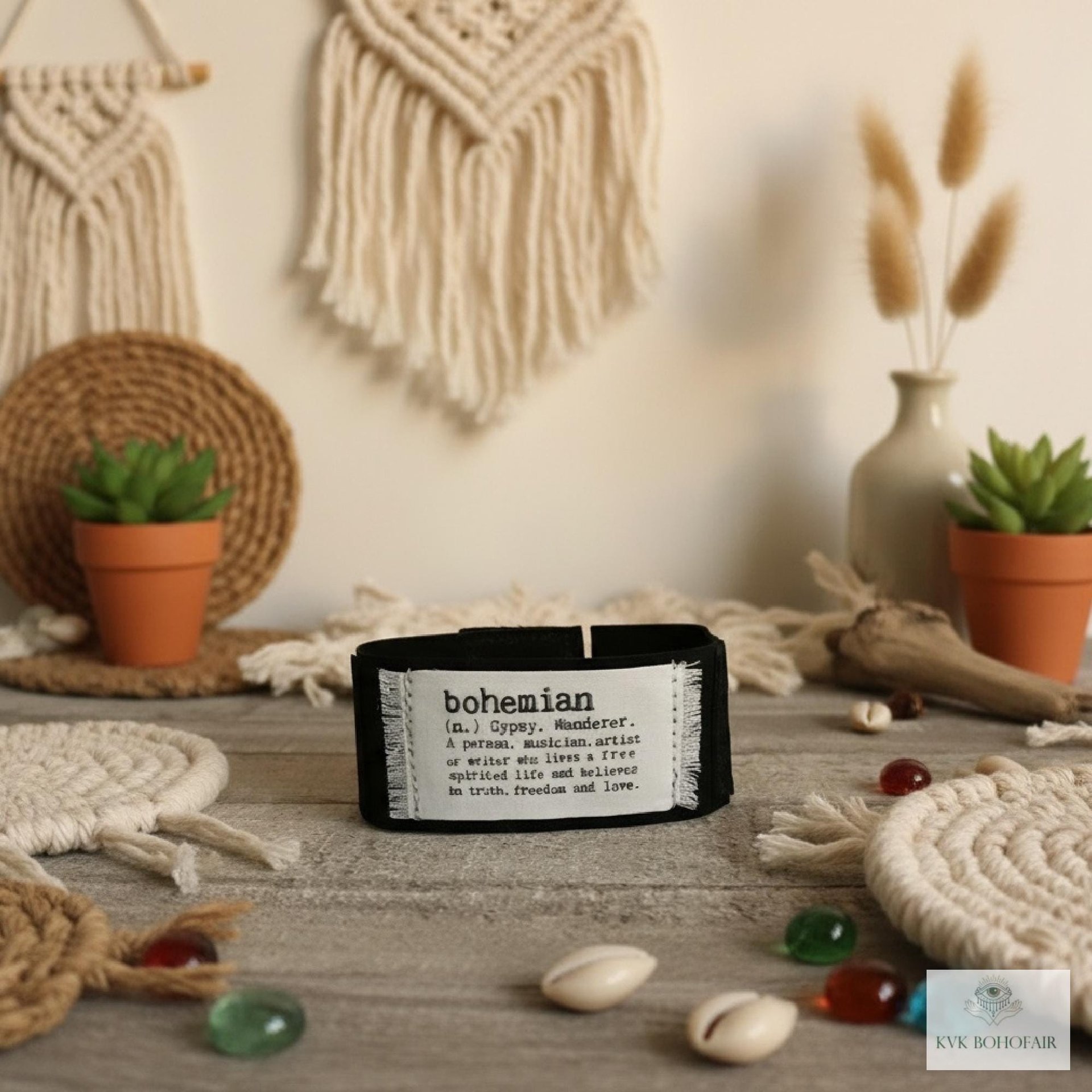 Black Suede Boho Cuff Bracelet - Cotton Fabric, Vintage Crochet, Button Closure