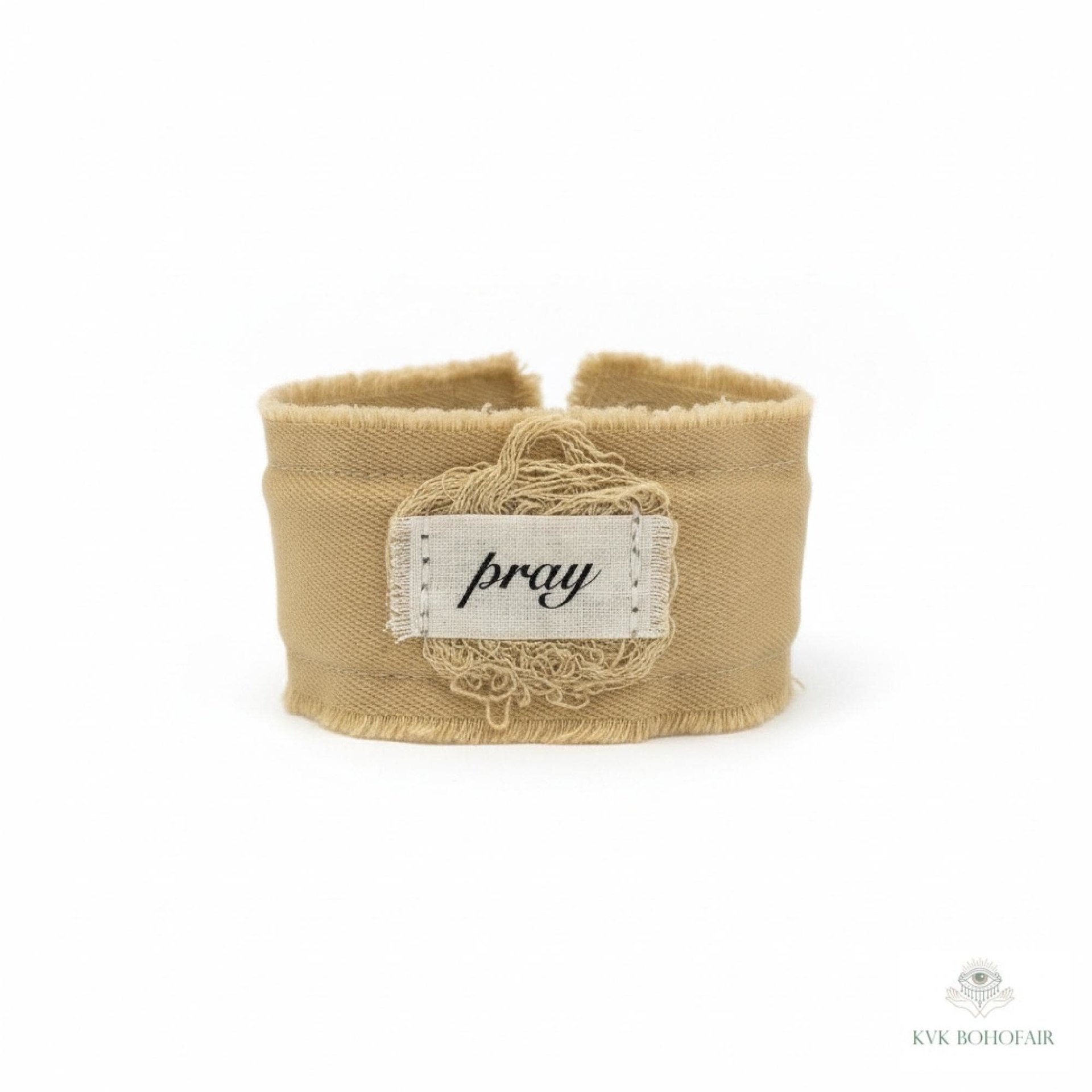 PRAY Boho Cuff Bracelet – Cotton Fabric, Vintage Crochet, Button Closure
