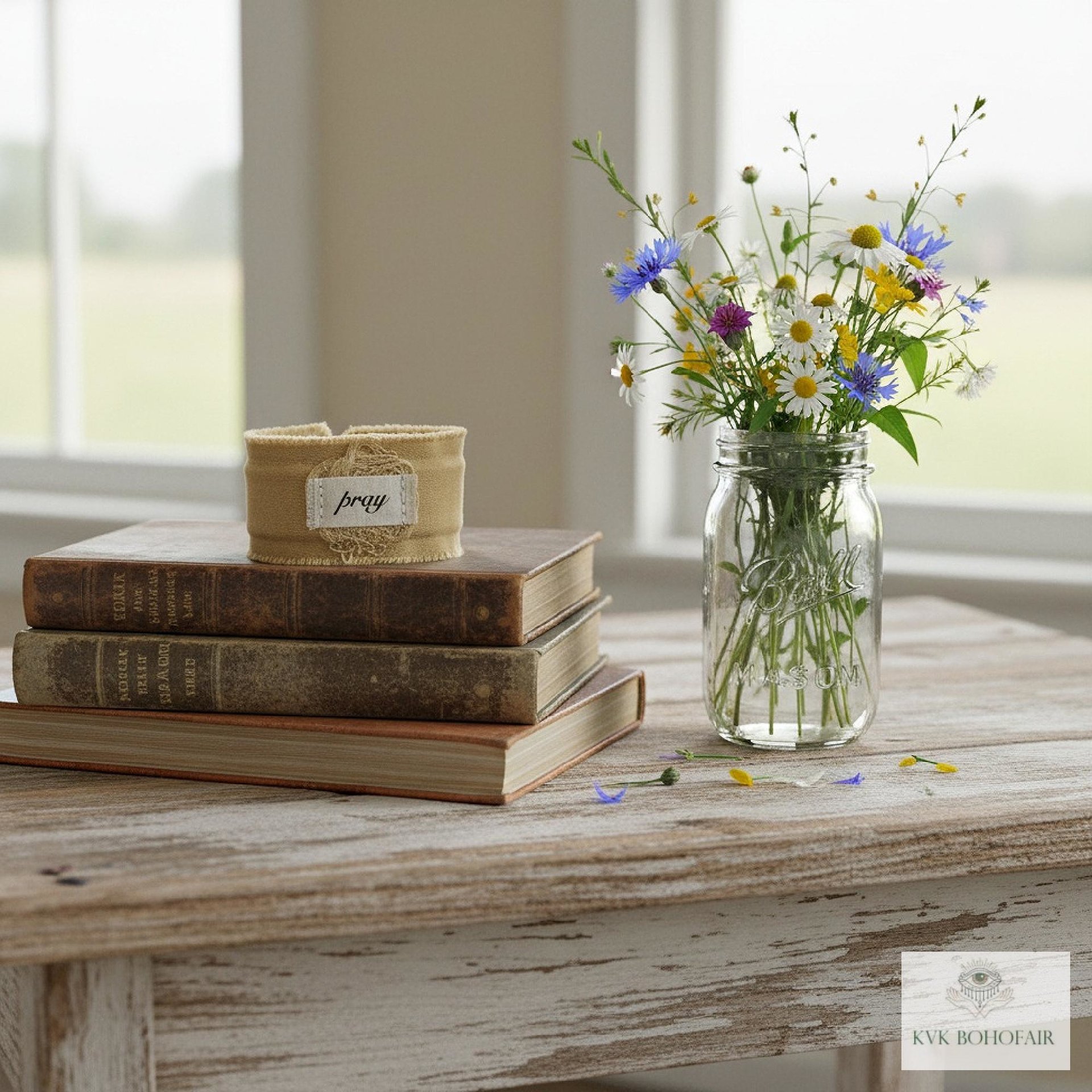 PRAY Boho Cuff Bracelet – Cotton Fabric, Vintage Crochet, Button Closure