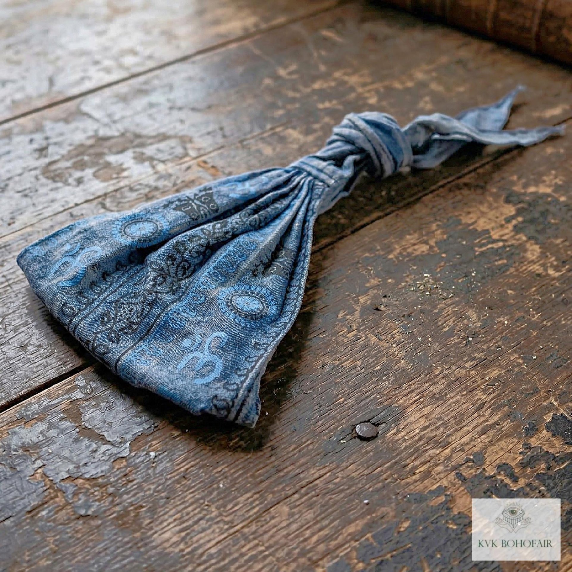 Blue Tapestry Tie Back Headband - Stylish Bohemian Head Scarf, Headbands for Women