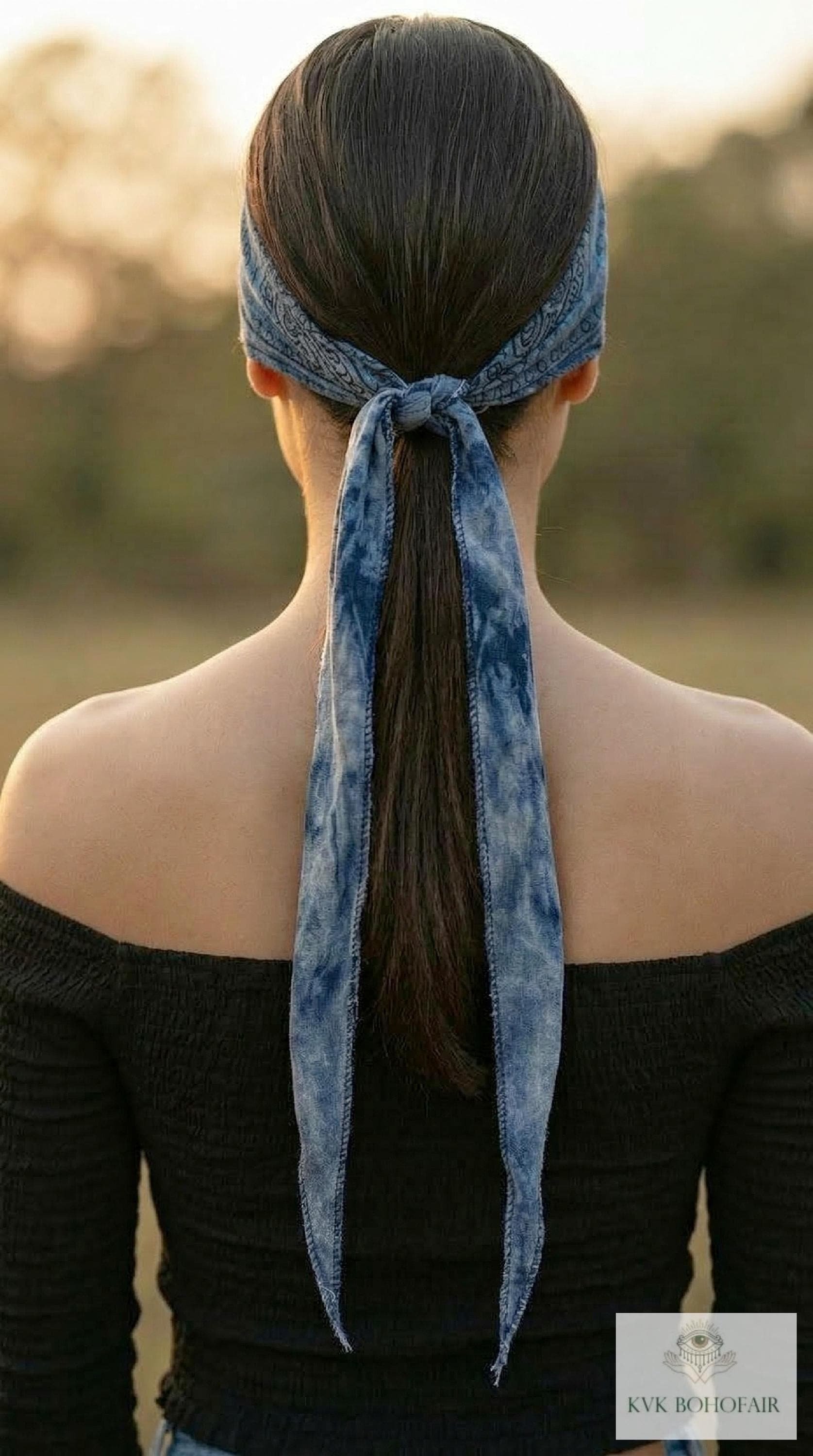 Blue Tapestry Tie Back Headband - Stylish Bohemian Head Scarf, Headbands for Women