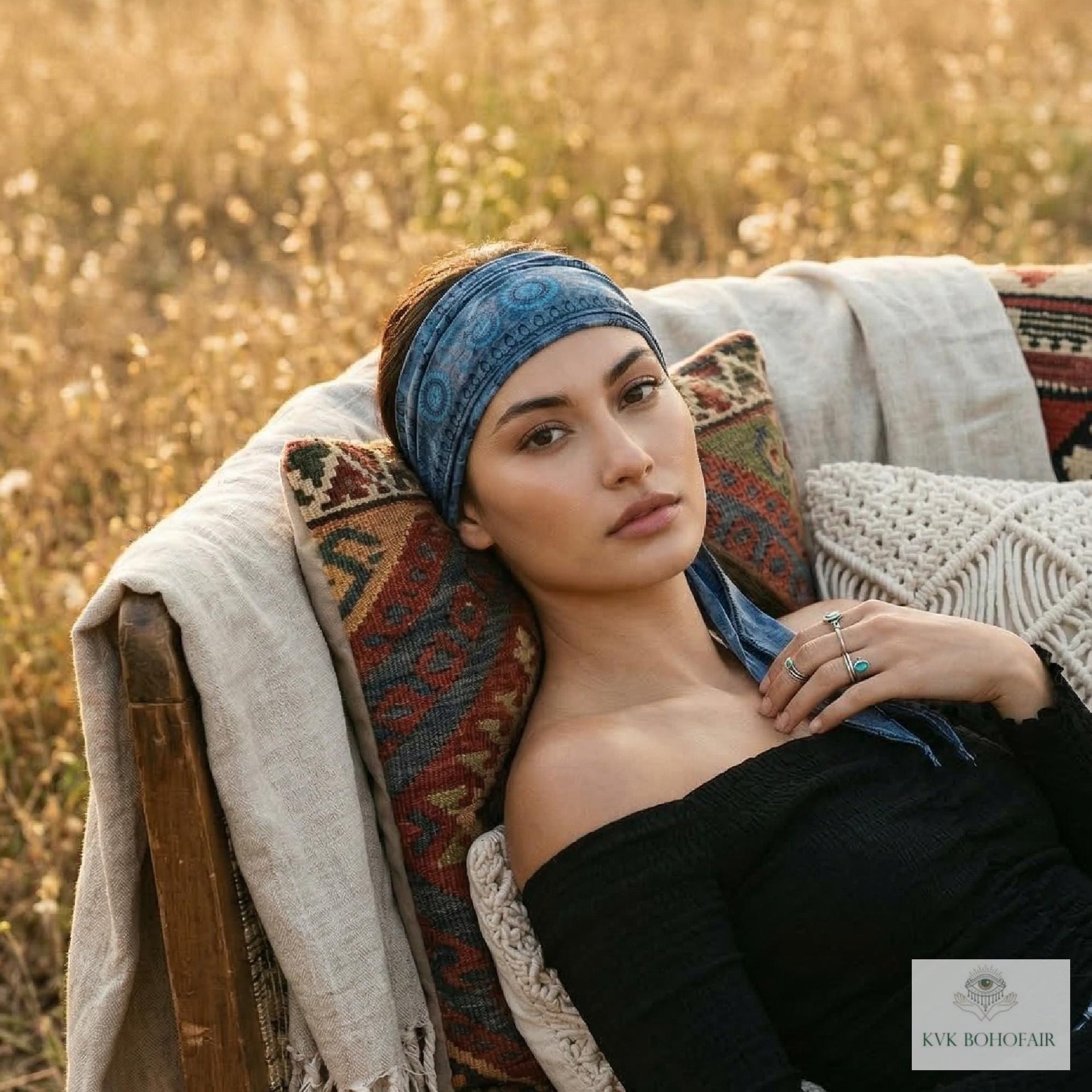 Blue Tapestry Tie Back Headband - Stylish Bohemian Head Scarf, Headbands for Women