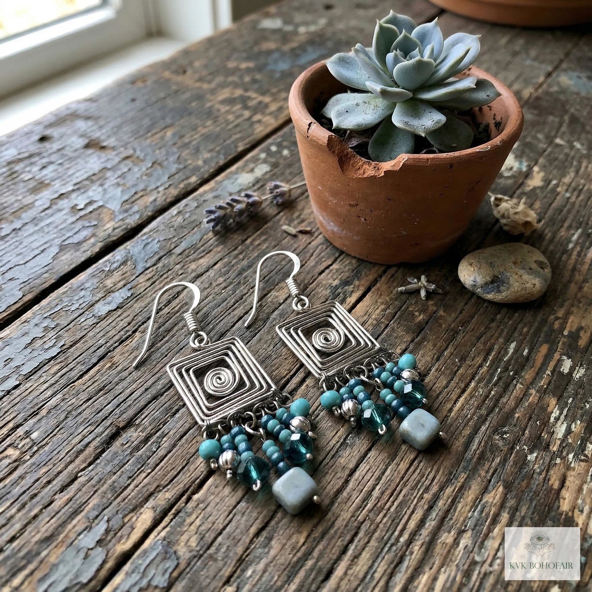 Handcrafted Square Wire and Bead Dangle Earrings - Chic Bohemian Jewelry