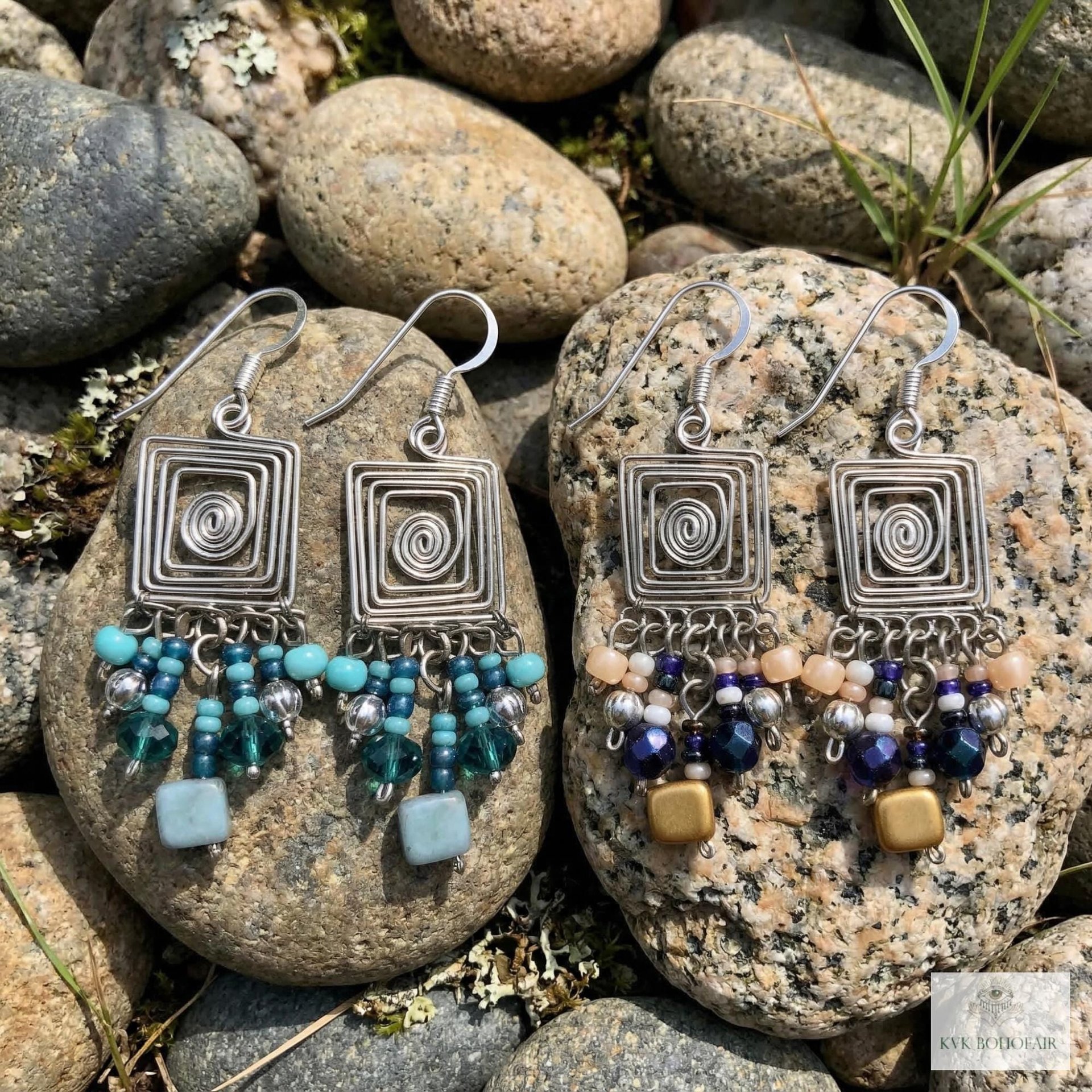 Handcrafted Square Wire and Bead Dangle Earrings - Chic Bohemian Jewelry