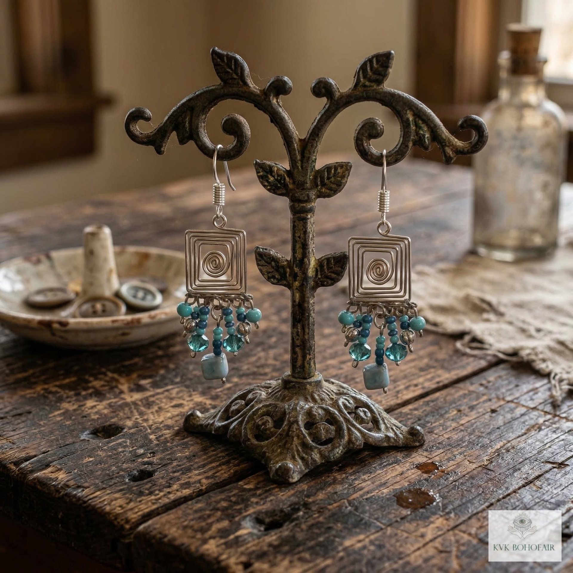 Handcrafted Square Wire and Bead Dangle Earrings - Chic Bohemian Jewelry