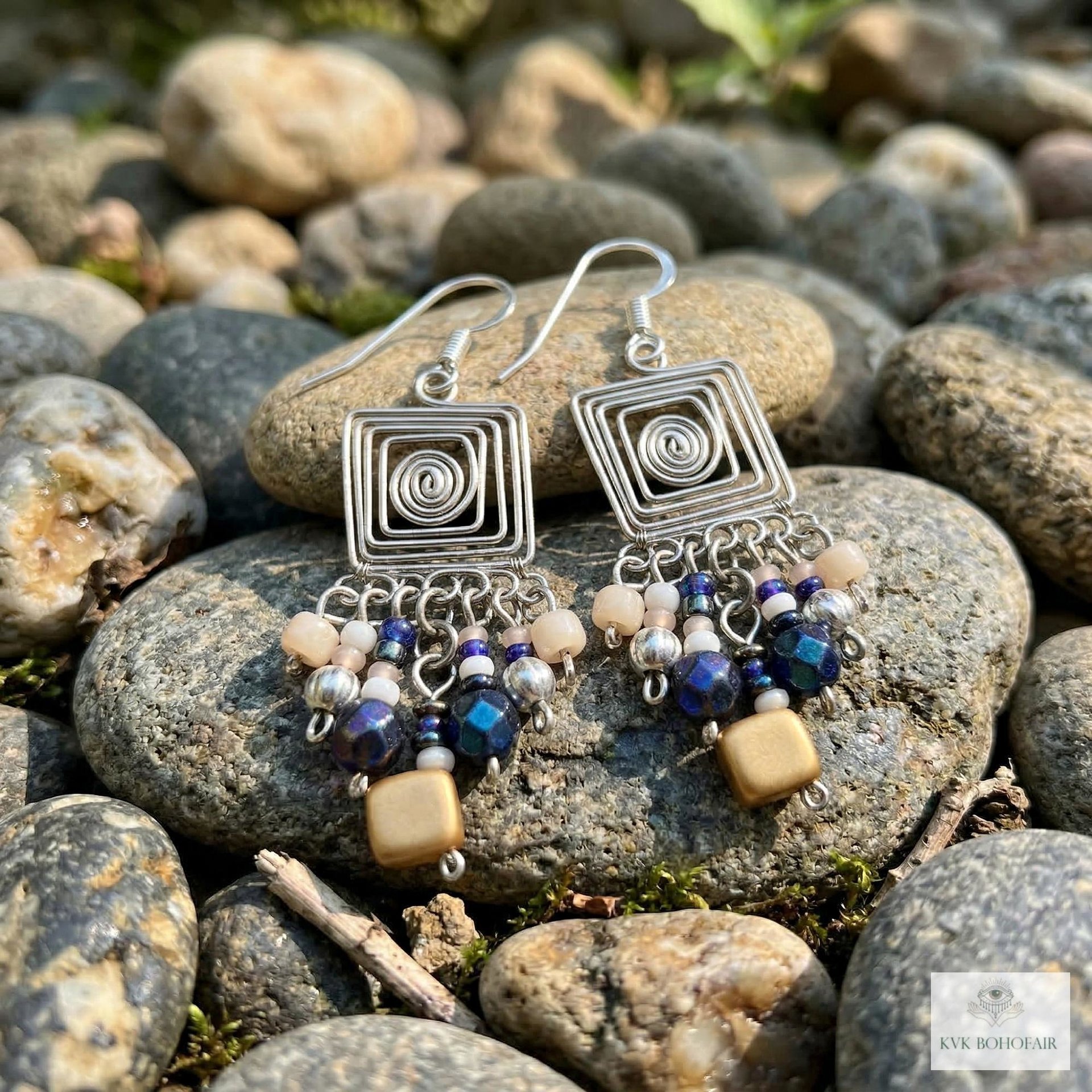 Handcrafted Square Wire and Bead Dangle Earrings - Chic Bohemian Jewelry