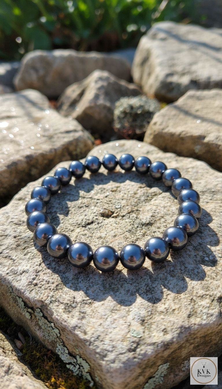 Men's Magnetic Hematite Round Bead Bracelet