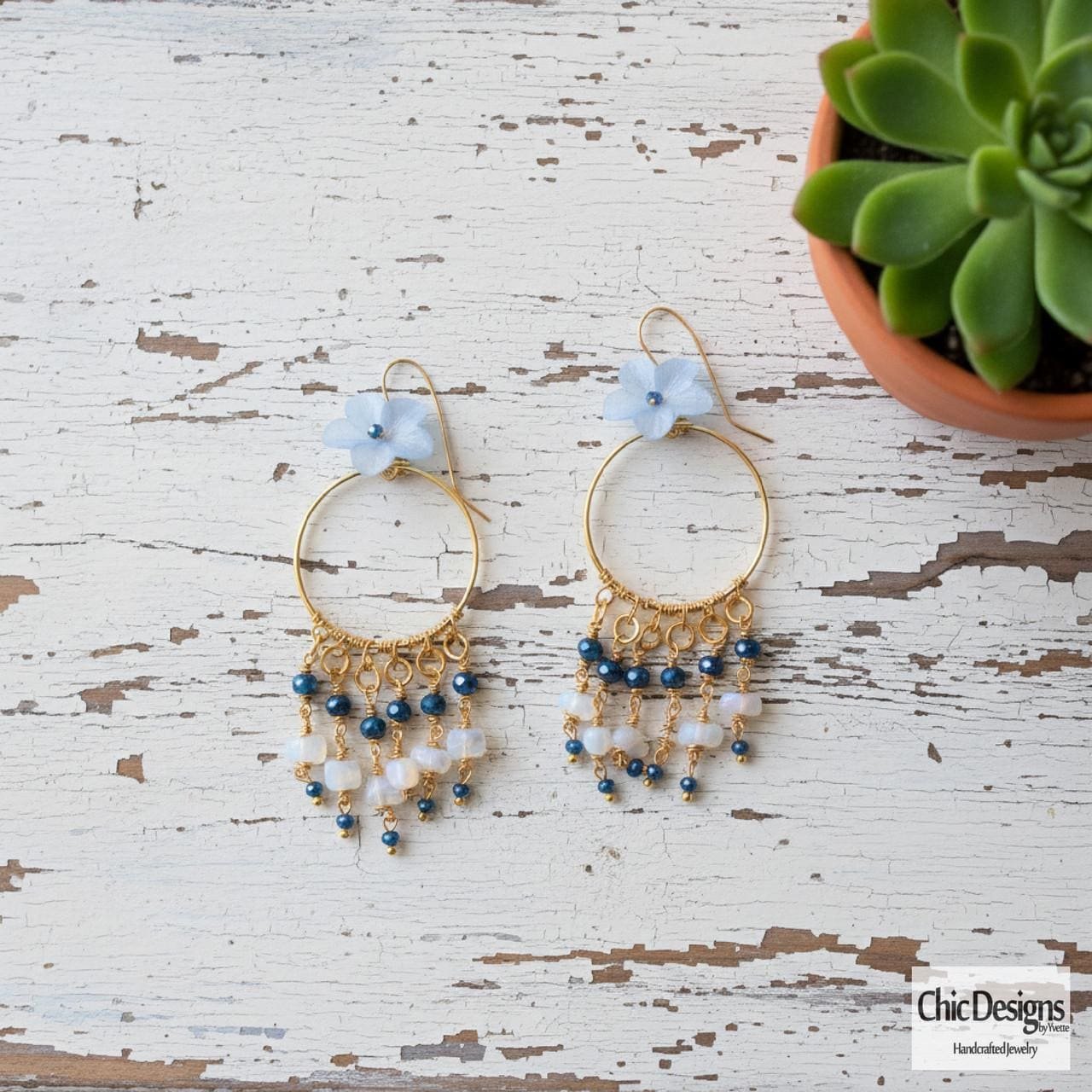 Blue Flower Hoop Dangle Earrings
