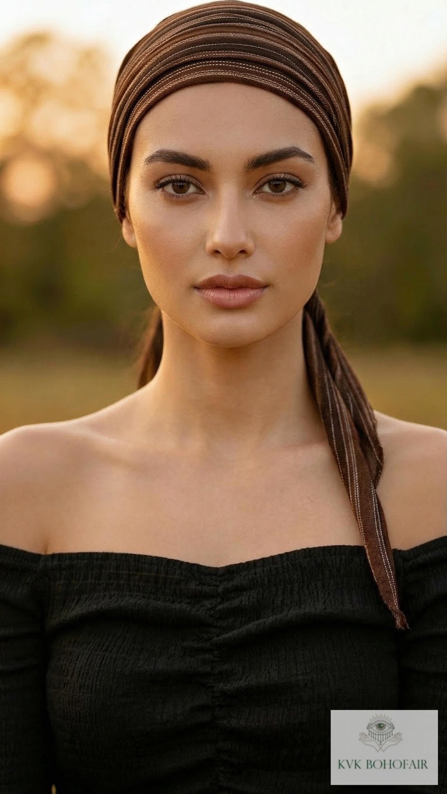 Brown Stripe Tie Back Headband - Stylish Bohemian Head Scarf, Headbands for Women