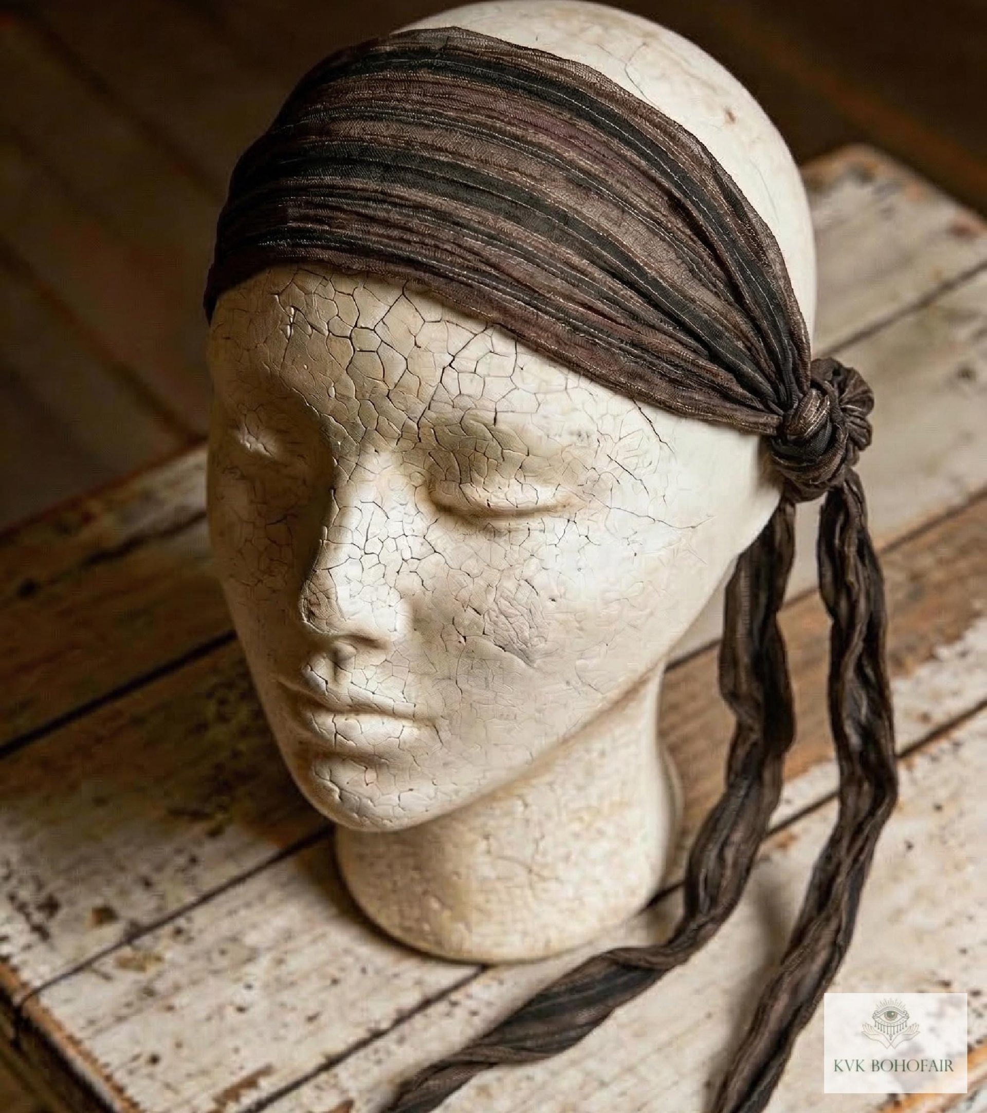 Brown Stripe Tie Back Headband - Stylish Bohemian Head Scarf, Headbands for Women