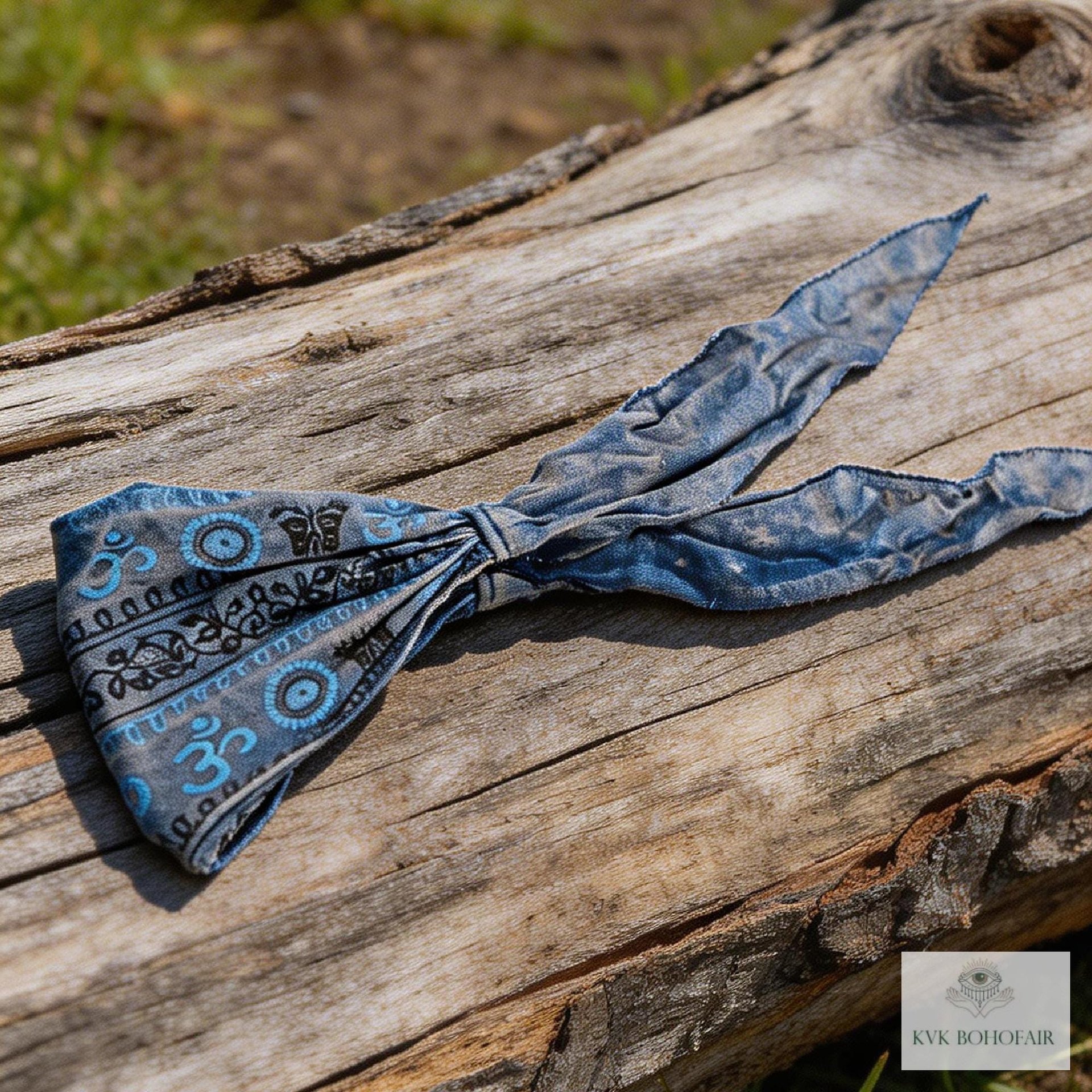 Blue Tapestry Tie Back Headband - Stylish Bohemian Head Scarf, Headbands for Women