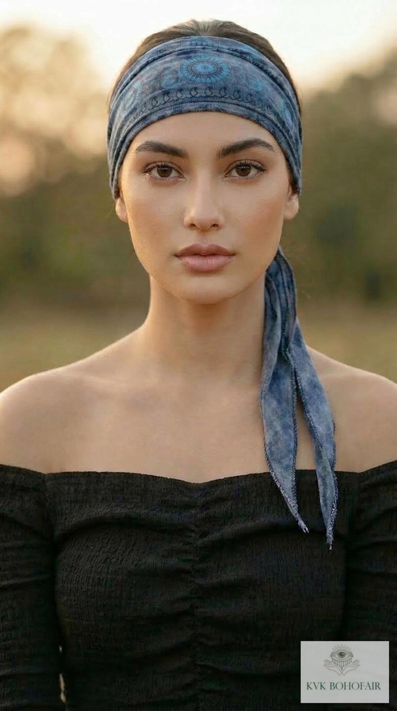 Blue Tapestry Tie Back Headband - Stylish Bohemian Head Scarf, Headbands for Women