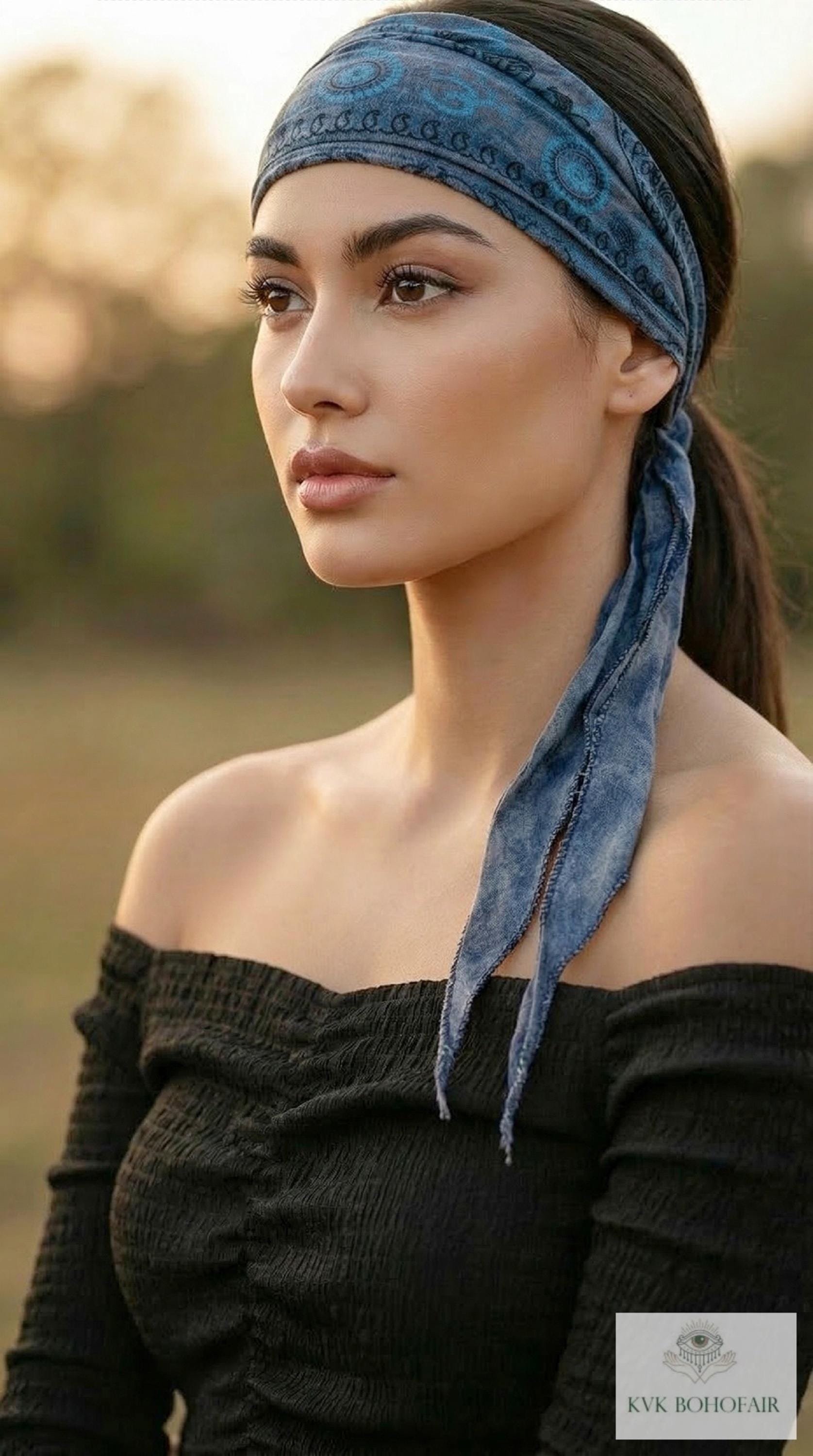 Blue Tapestry Tie Back Headband - Stylish Bohemian Head Scarf, Headbands for Women