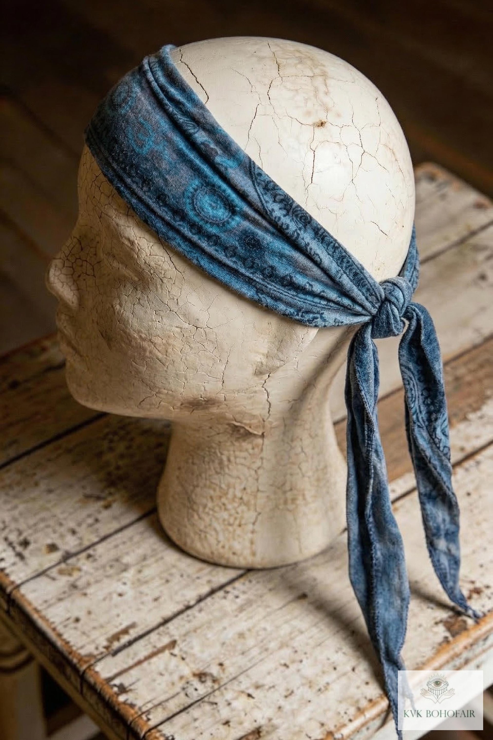 Blue Tapestry Tie Back Headband - Stylish Bohemian Head Scarf, Headbands for Women