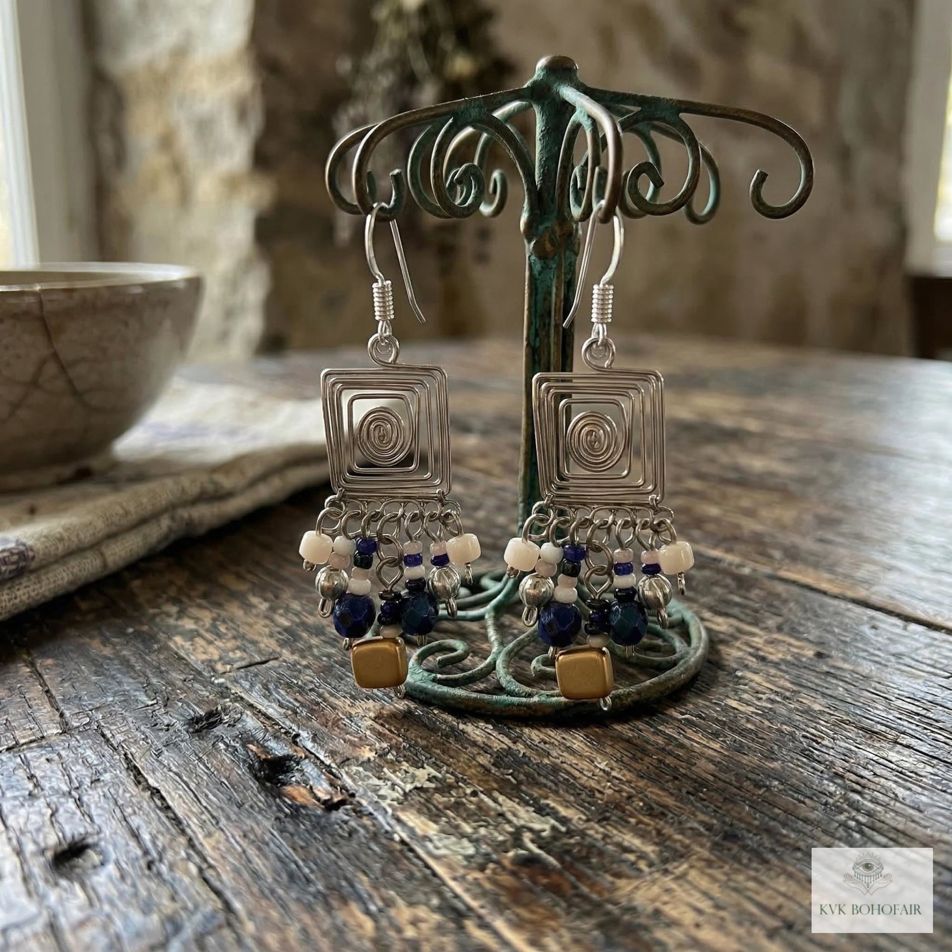 Handcrafted Square Wire and Bead Dangle Earrings - Chic Bohemian Jewelry