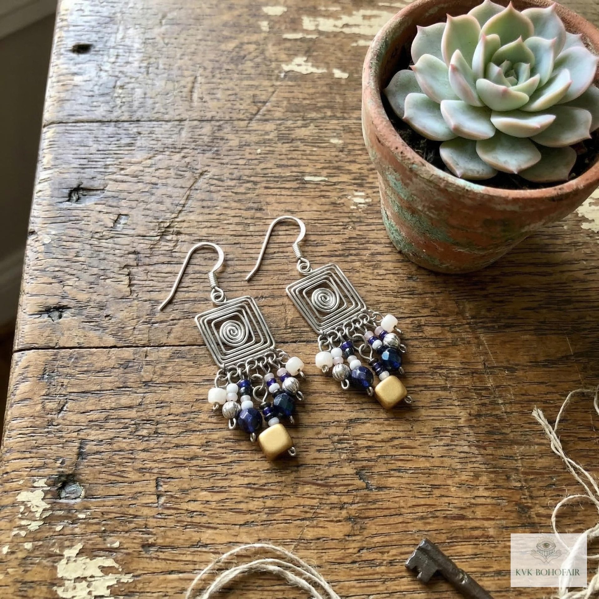 Handcrafted Square Wire and Bead Dangle Earrings - Chic Bohemian Jewelry