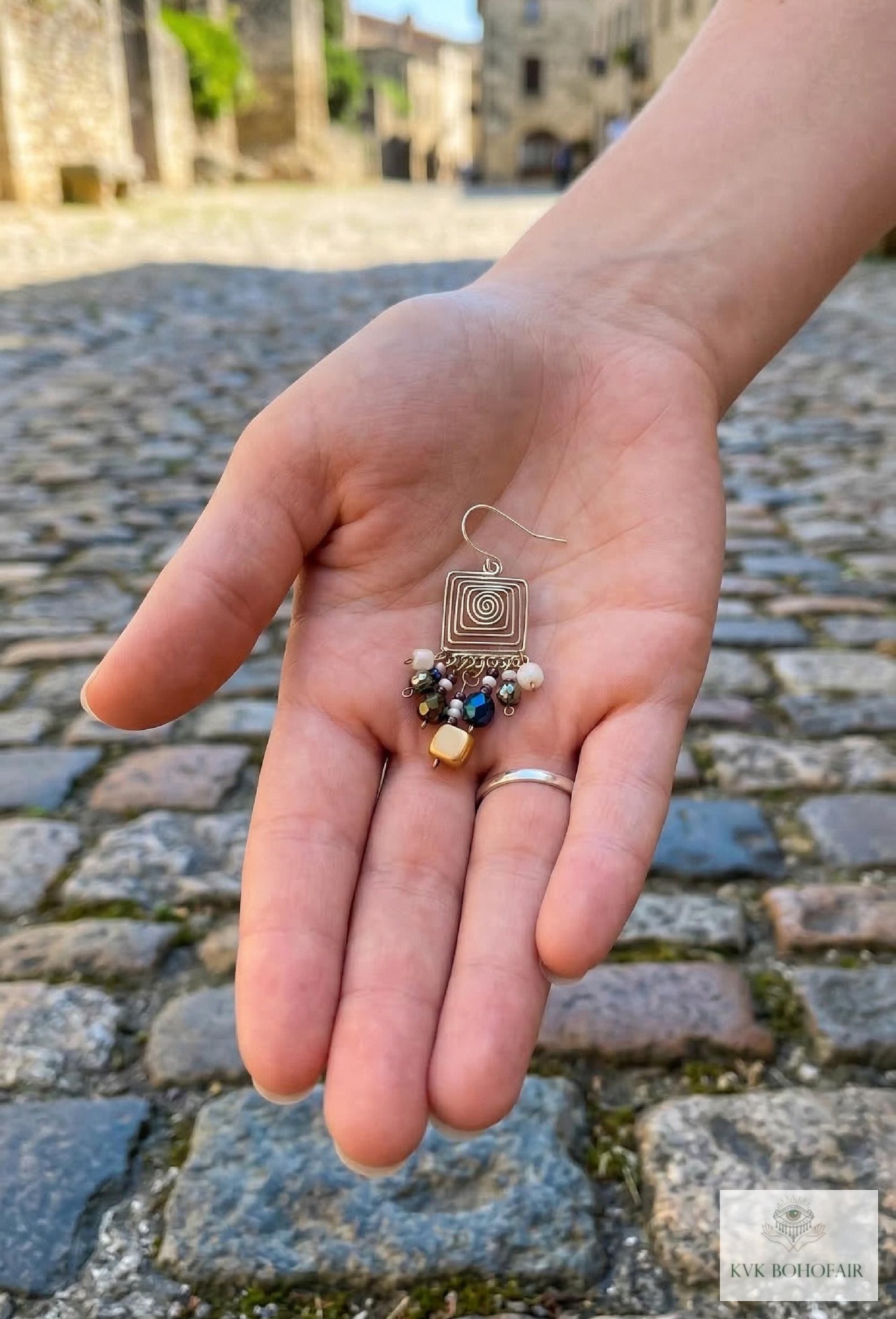 Handcrafted Square Wire and Bead Dangle Earrings - Chic Bohemian Jewelry