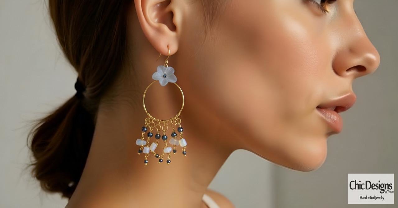 Blue Flower Hoop Dangle Earrings