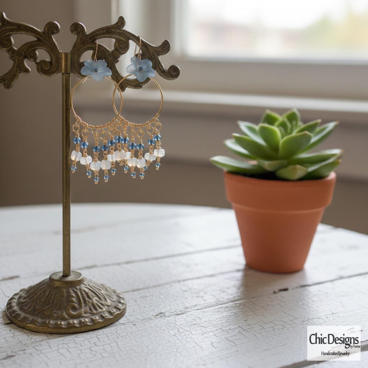 Blue Flower Hoop Dangle Earrings