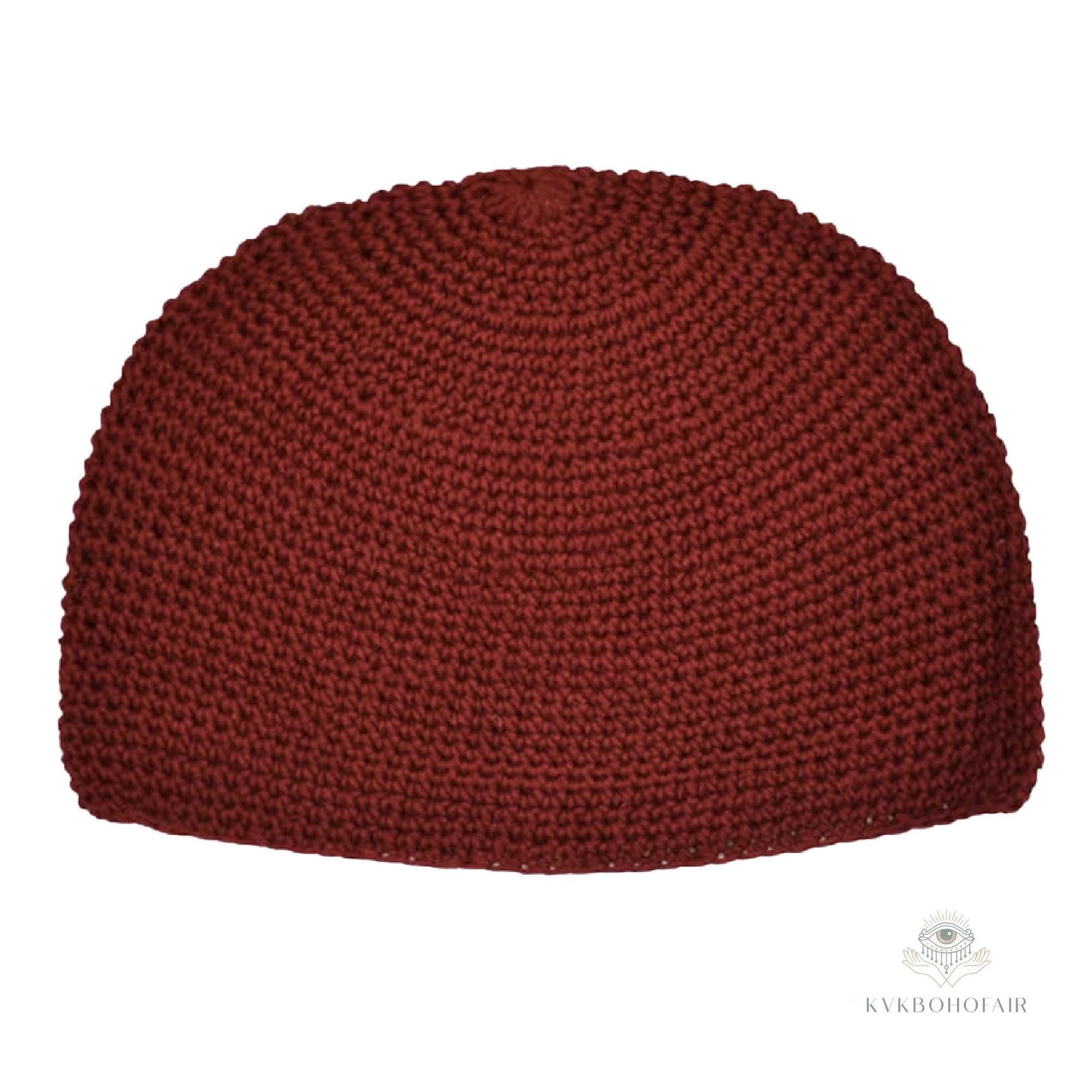 Maroon Kufi Skull Cap - Crocheted Beanie Hat, Ethically sourced