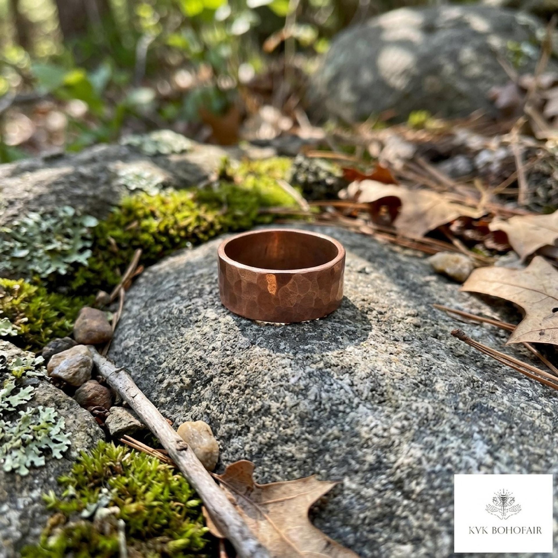 8mm Copper Ring - Rustic Hammered Band, Unique Boho Style Jewelry