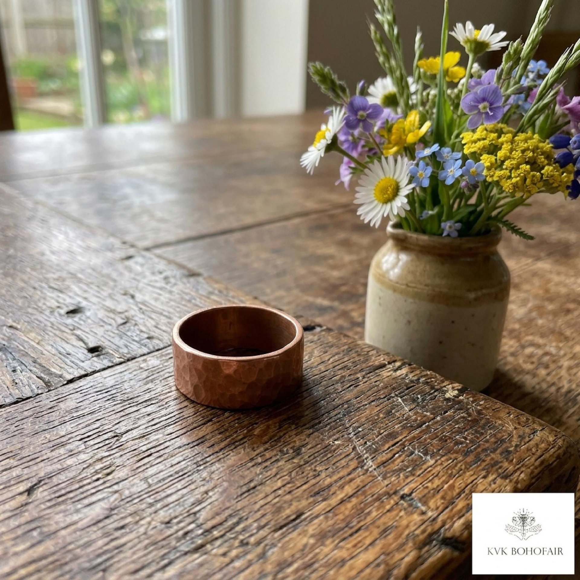 8mm Copper Ring - Rustic Hammered Band, Unique Boho Style Jewelry