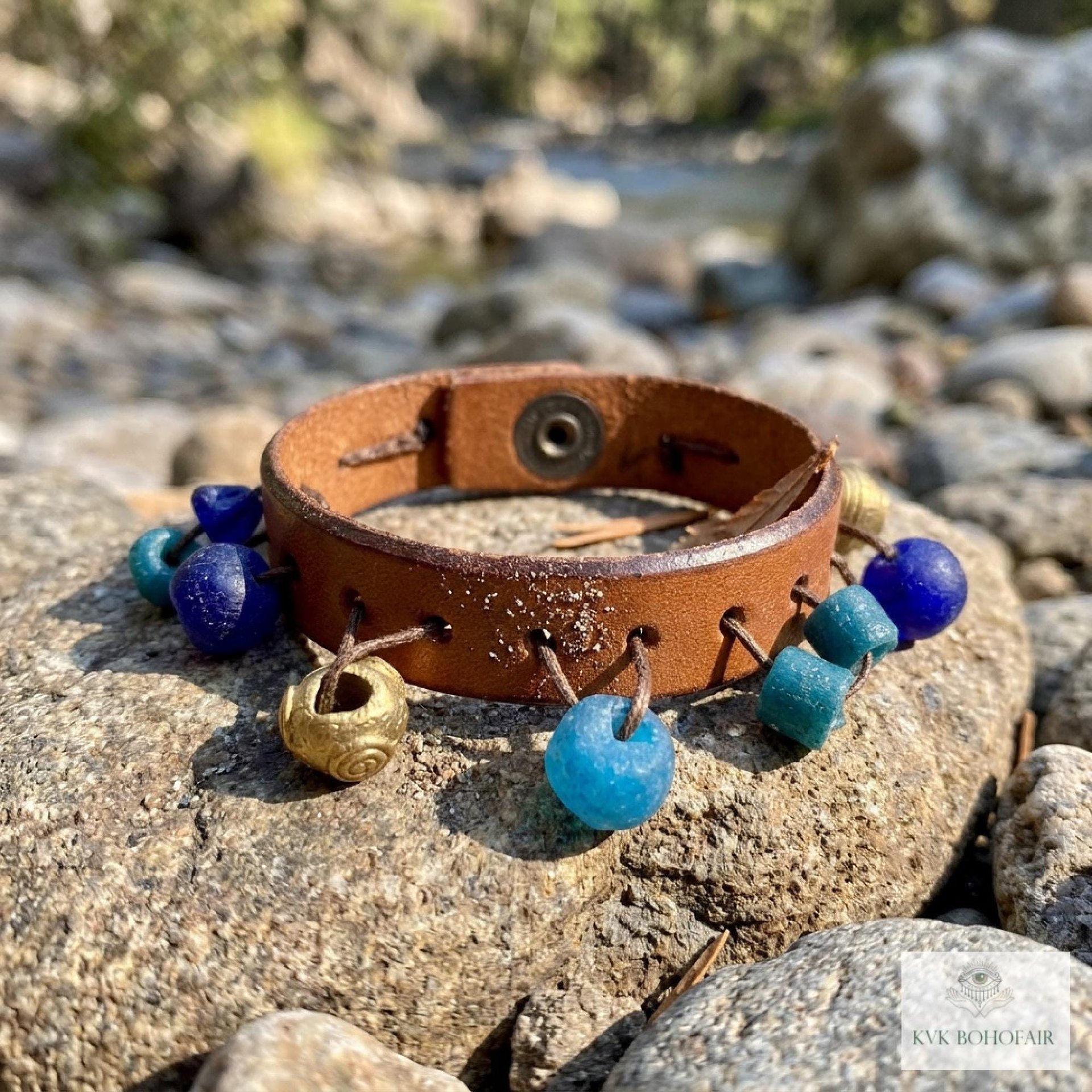 Artisan Leather & Glass Bead Slim Cuff - Handcrafted Boho Jewelry