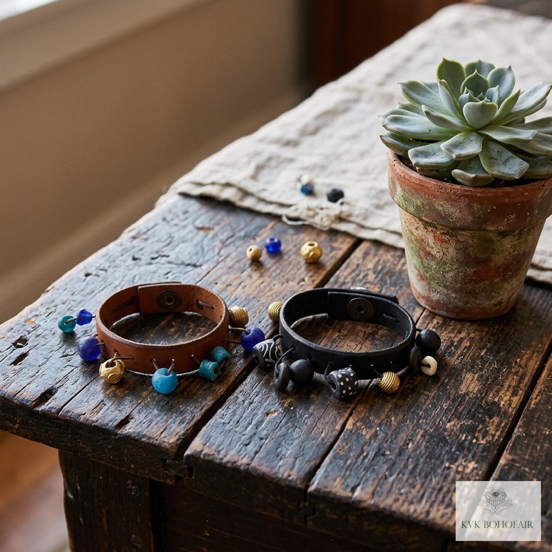 Artisan Leather & Glass Bead Slim Cuff - Handcrafted Boho Jewelry