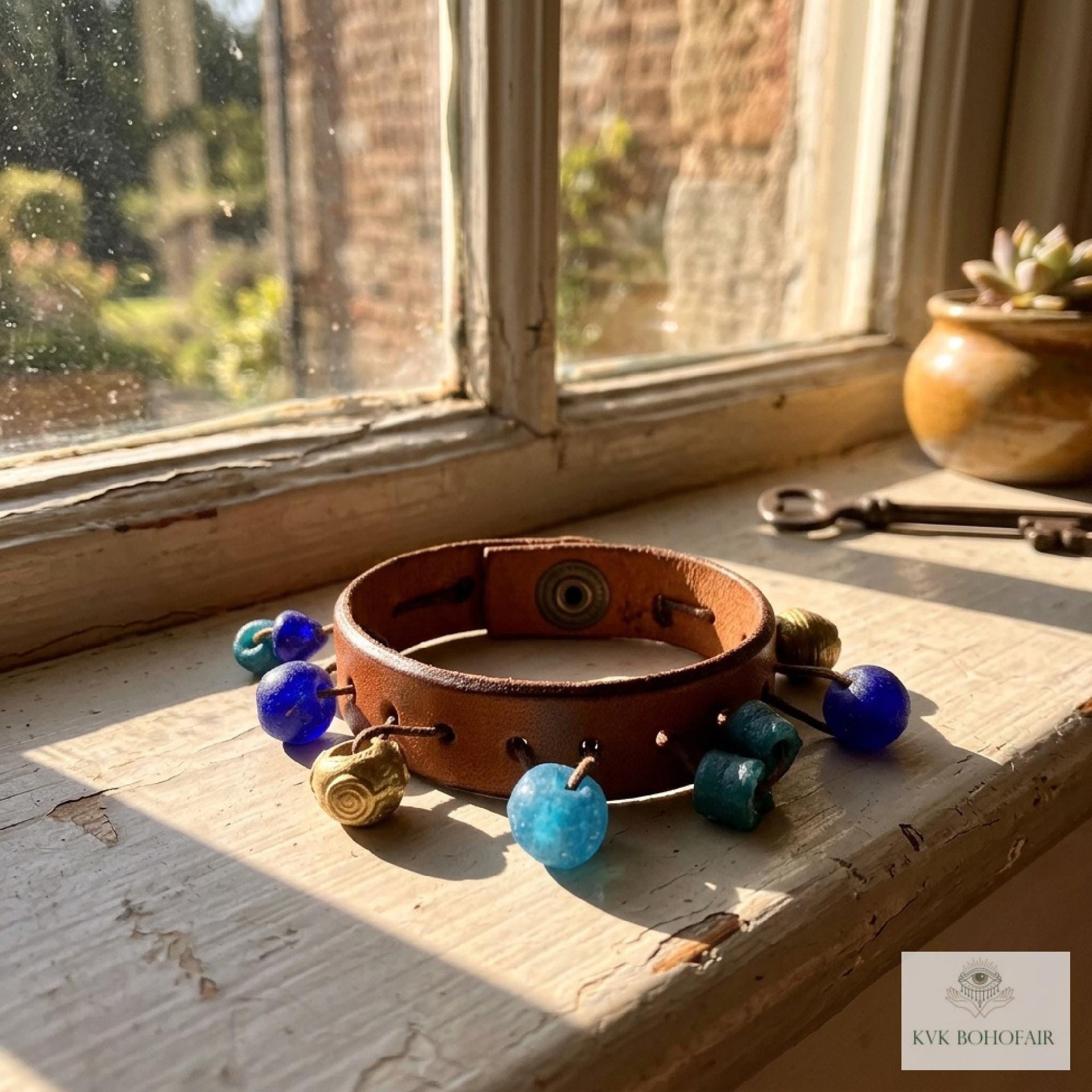 Artisan Leather & Glass Bead Slim Cuff - Handcrafted Boho Jewelry