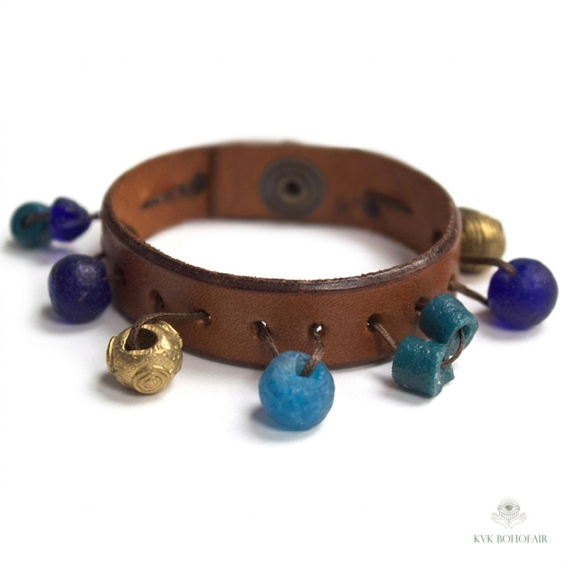 Artisan Leather & Glass Bead Slim Cuff - Handcrafted Boho Jewelry