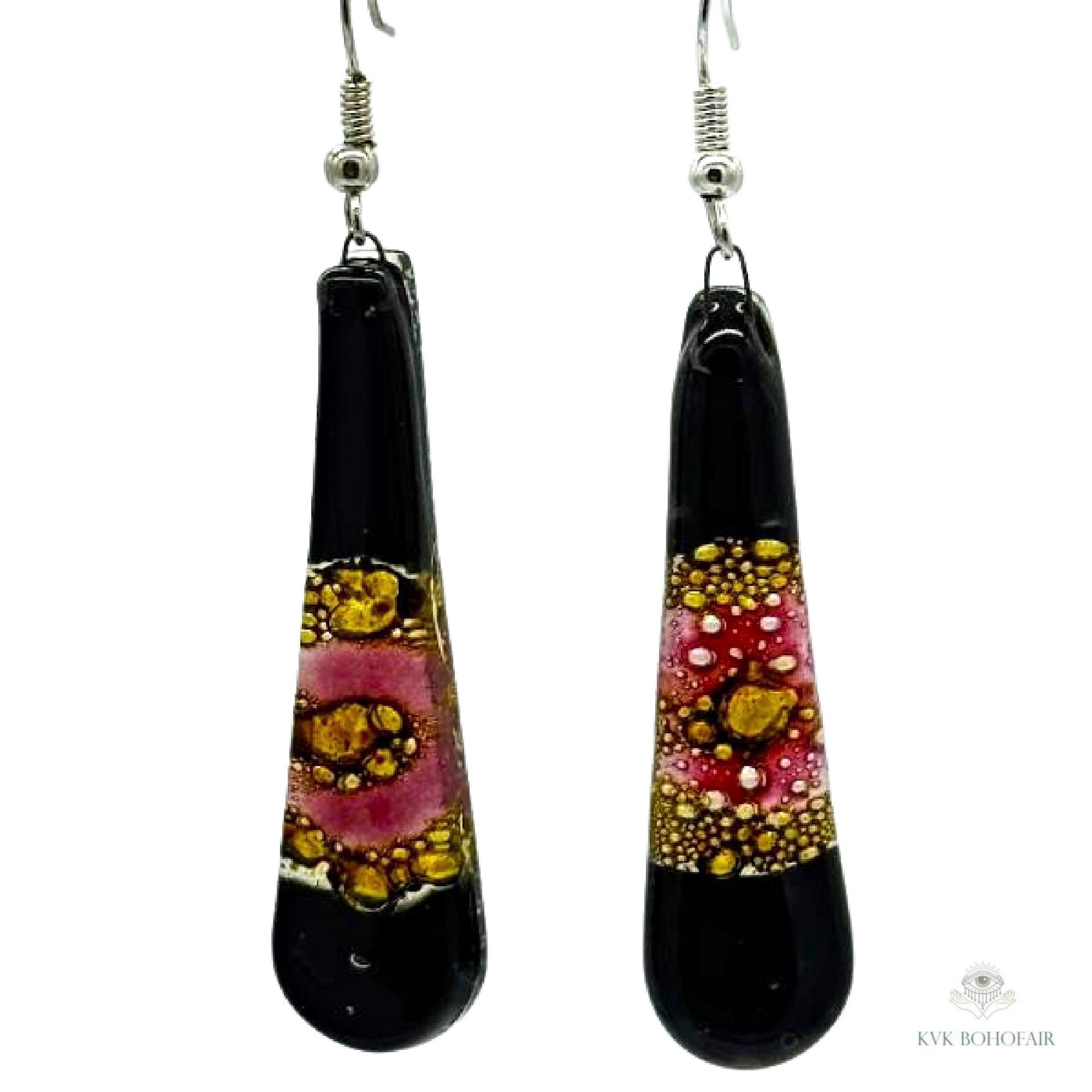 Handcrafted Black Fused Dichroic Glass Earrings - Boho Teardrop Dangle Earrings
