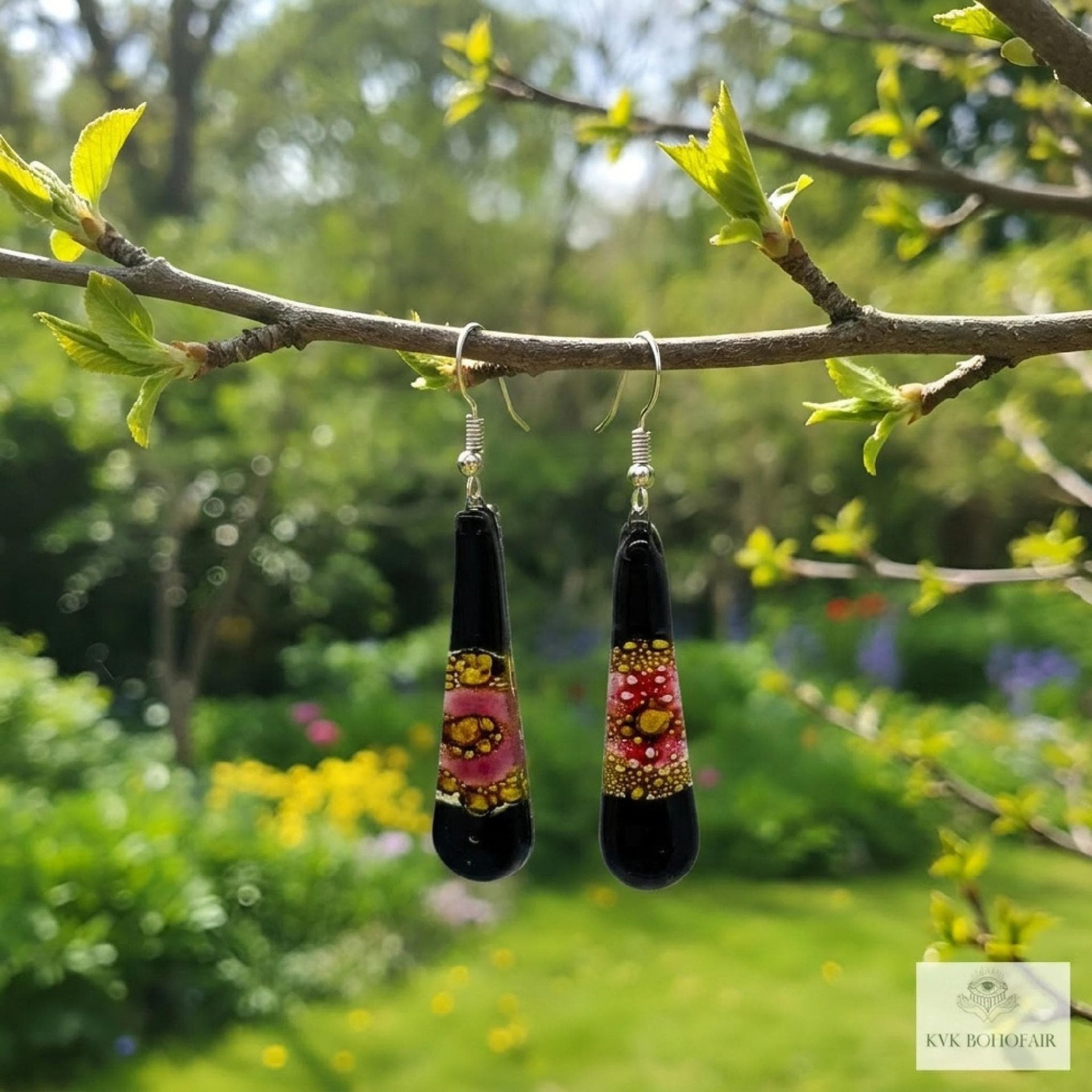 Handcrafted Black Fused Dichroic Glass Earrings - Boho Teardrop Dangle Earrings