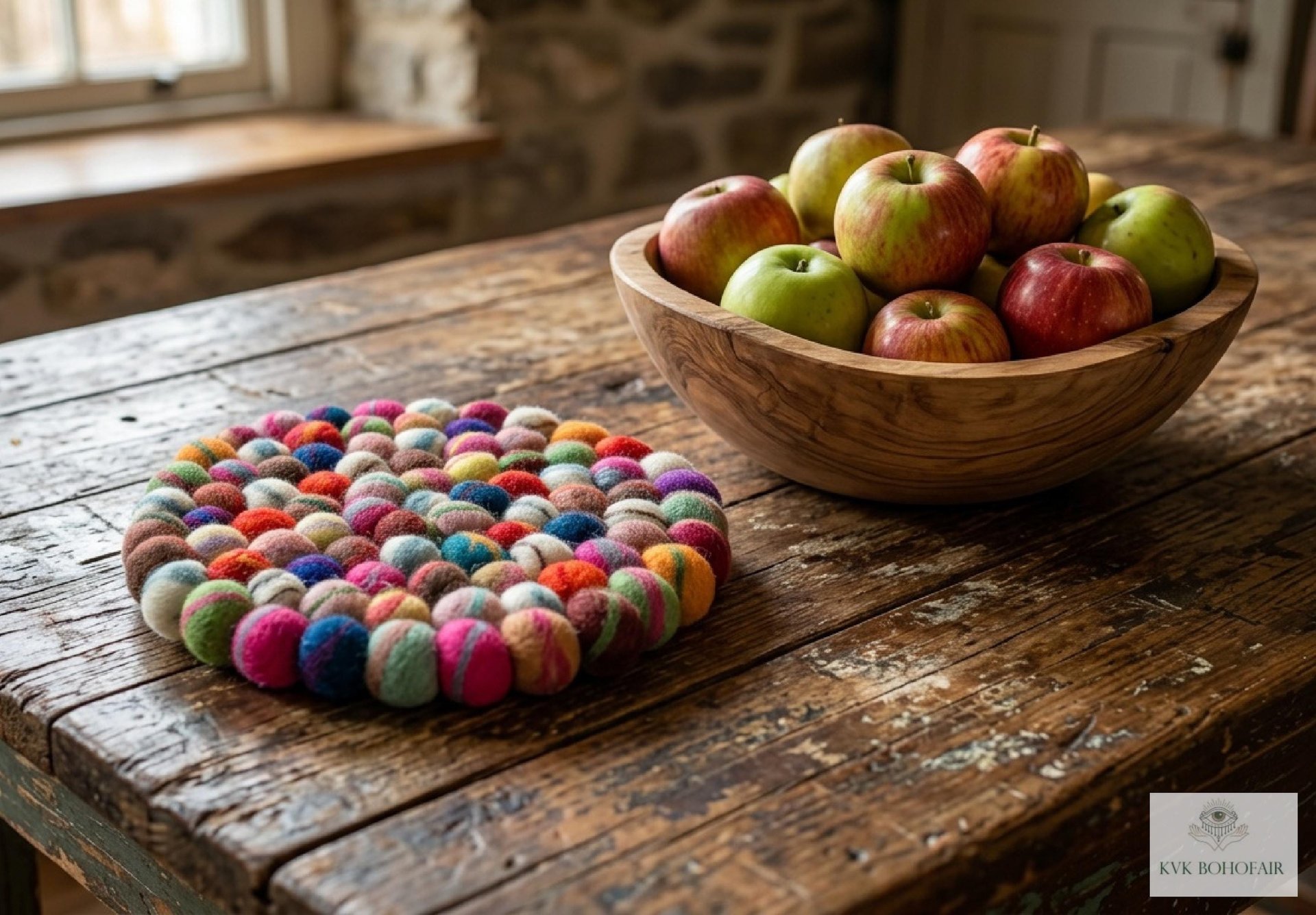 Colorful Wool Felt Ball Trivet, Boho Kitchen Hot Pad, Handwoven Table Pot Holder