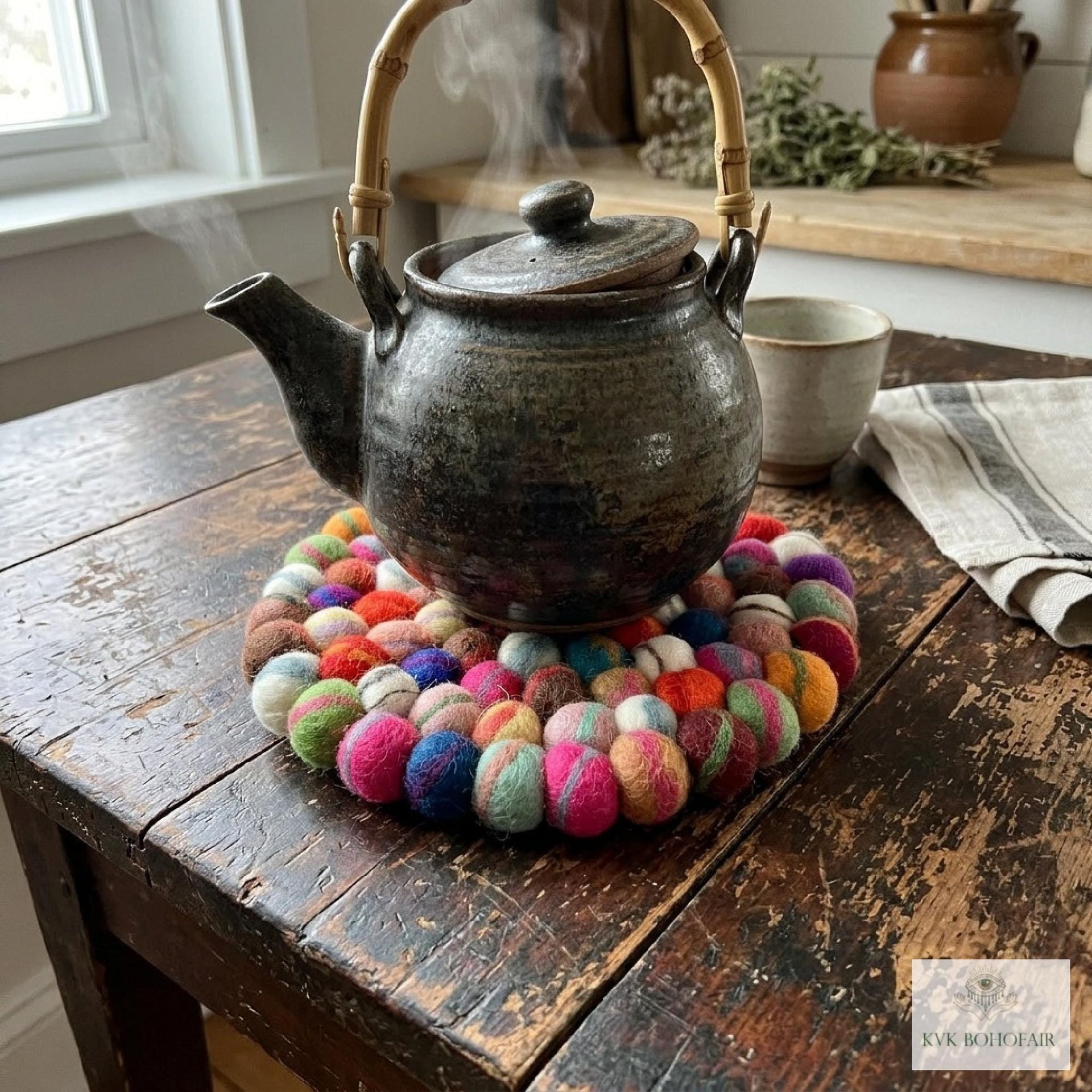 Colorful Wool Felt Ball Trivet, Boho Kitchen Hot Pad, Handwoven Table Pot Holder