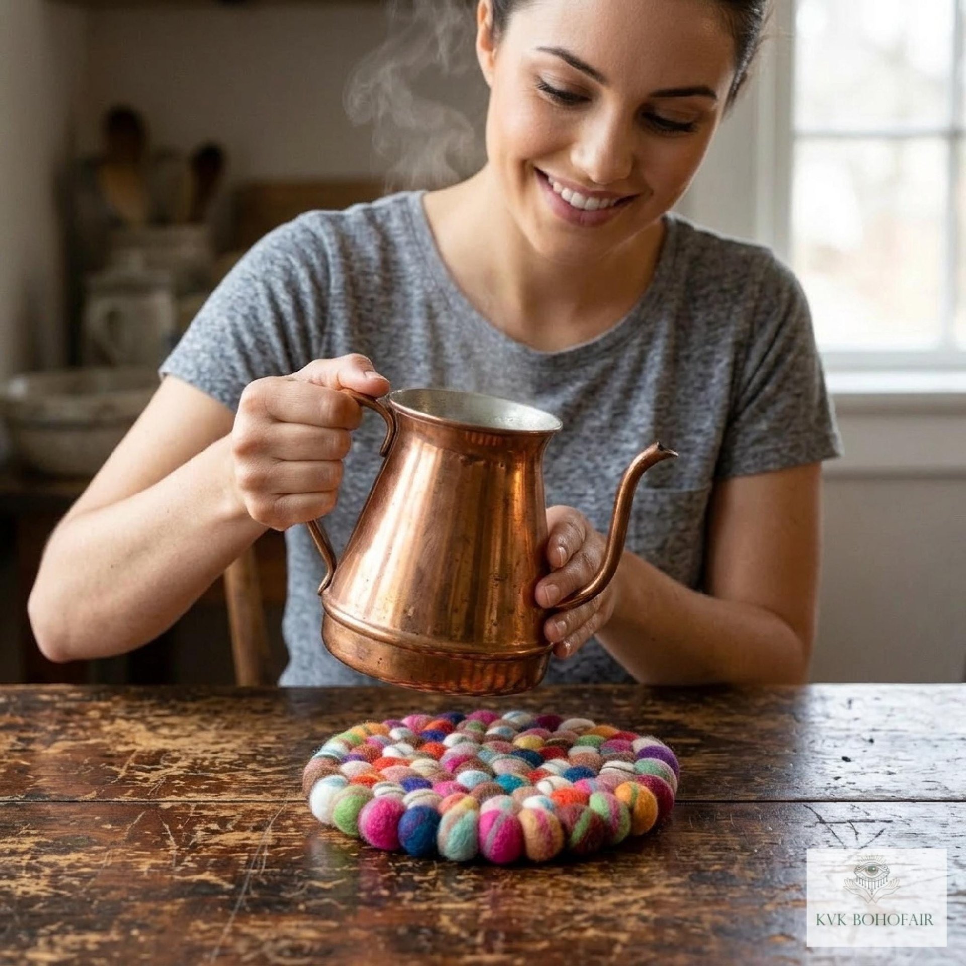 Colorful Wool Felt Ball Trivet, Boho Kitchen Hot Pad, Handwoven Table Pot Holder