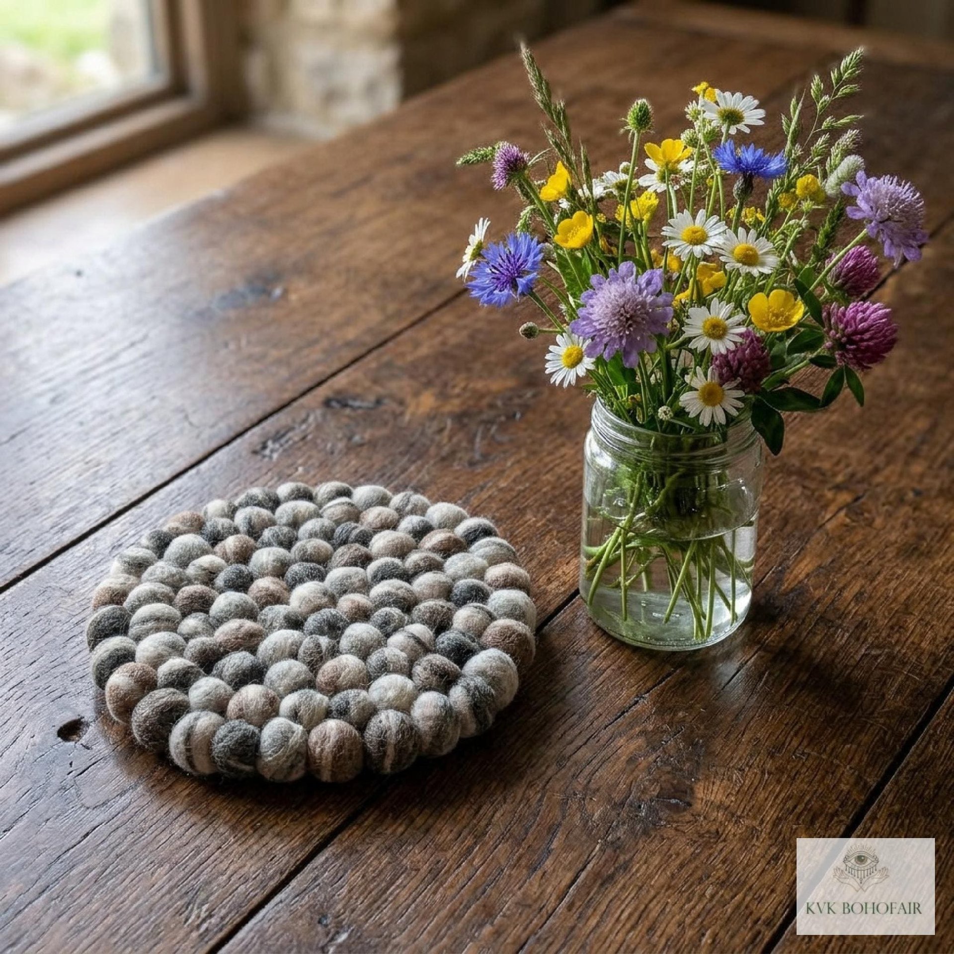 Mixed Gray Wool Felt Ball Trivet, Boho Kitchen Hot Pad, Coaster Table Pot Holder