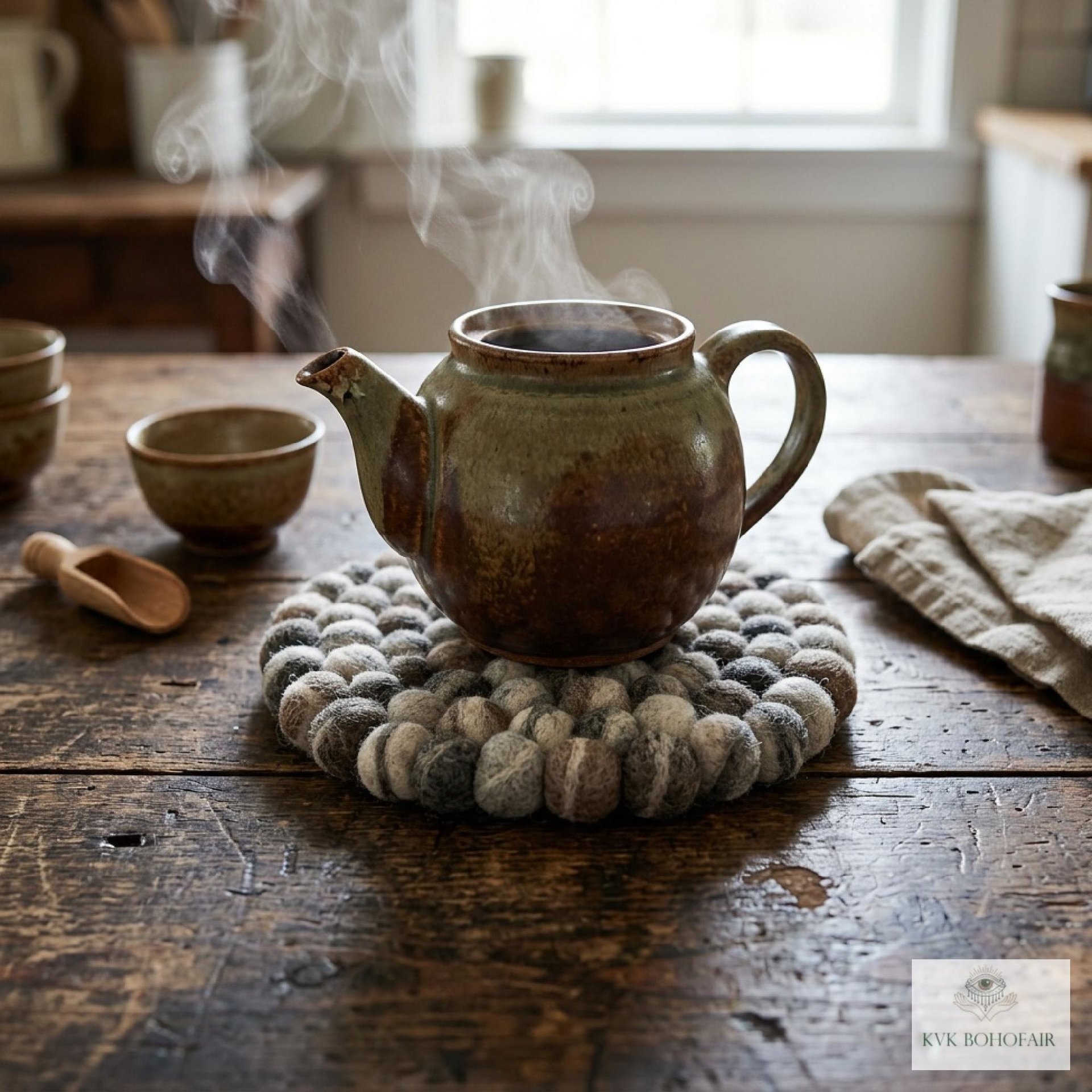 Mixed Gray Wool Felt Ball Trivet, Boho Kitchen Hot Pad, Coaster Table Pot Holder
