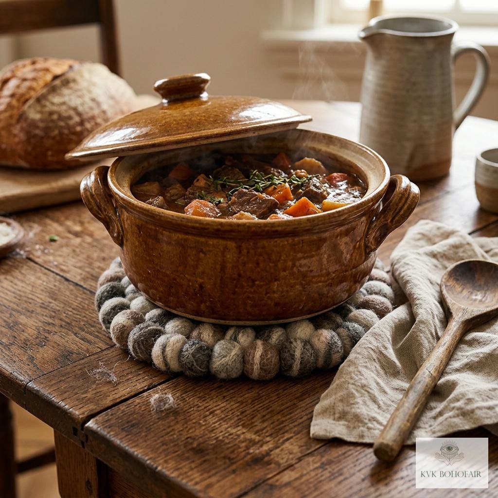 Mixed Gray Wool Felt Ball Trivet, Boho Kitchen Hot Pad, Coaster Table Pot Holder
