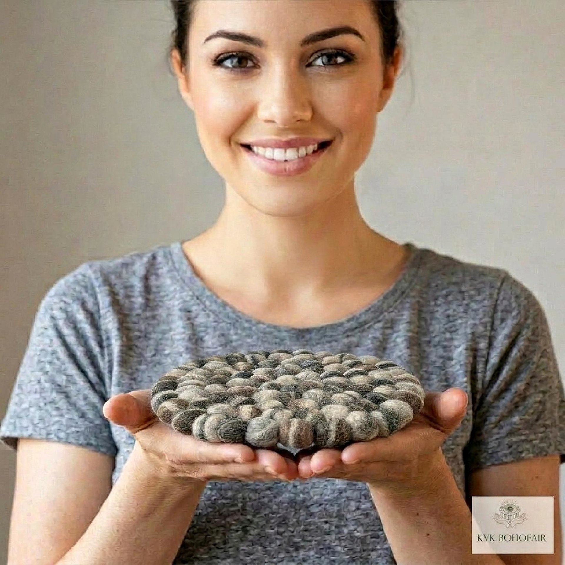 Mixed Gray Wool Felt Ball Trivet, Boho Kitchen Hot Pad, Coaster Table Pot Holder
