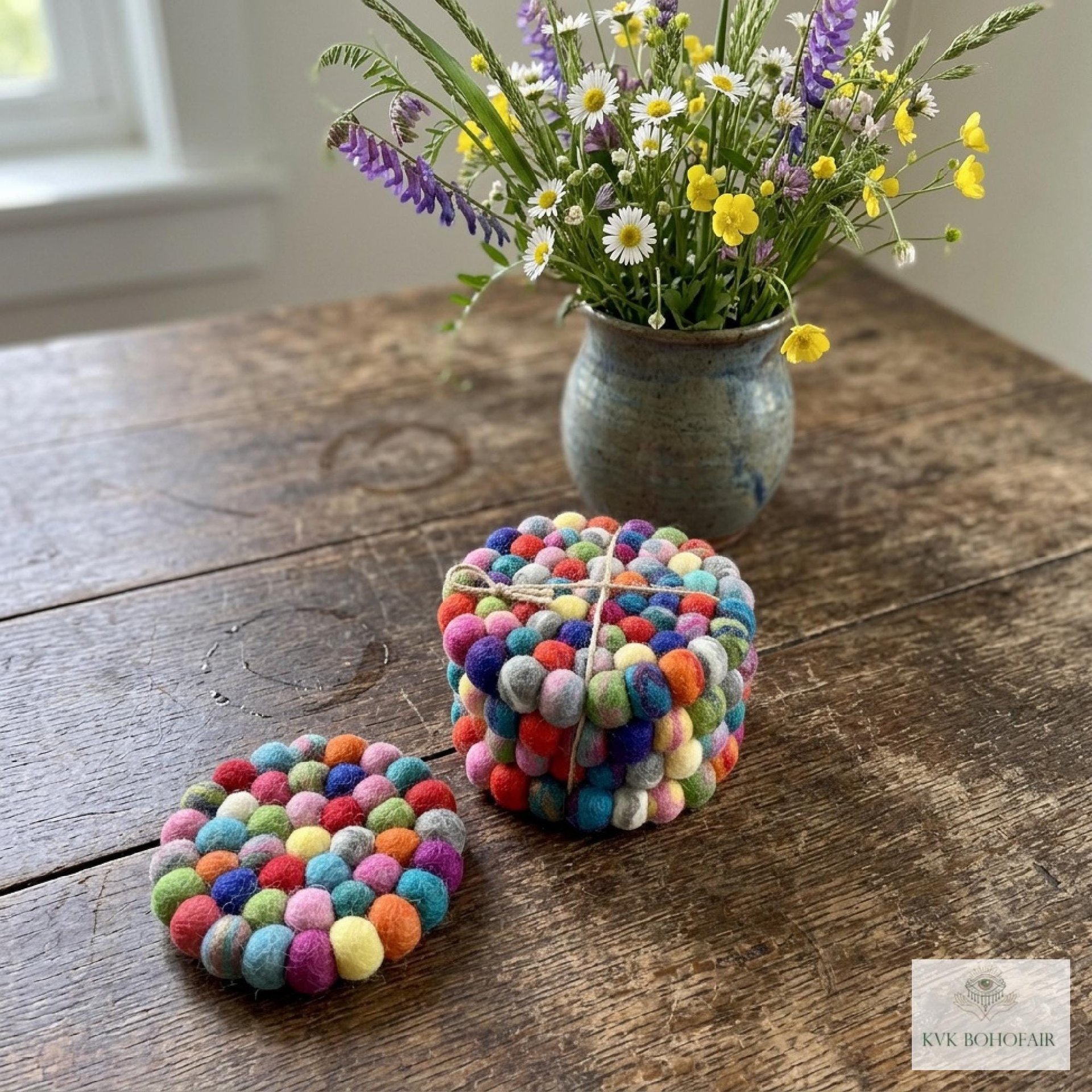 Colorful Wool Felt Ball Coaster Set, Handmade Drink Mug Rug, Eco Cup Mat