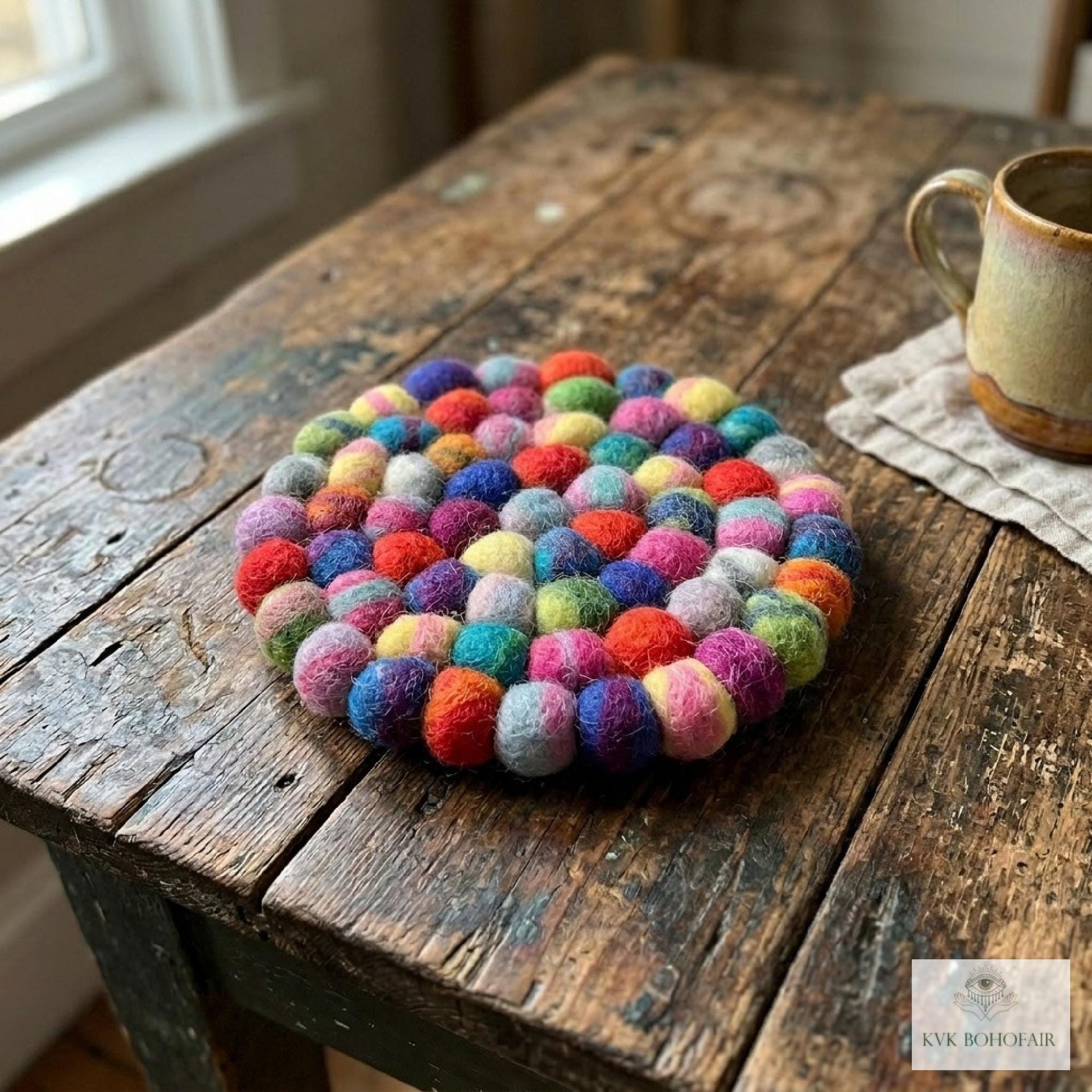 Colorful Wool Felt Ball Coaster Set, Handmade Drink Mug Rug, Eco Cup Mat
