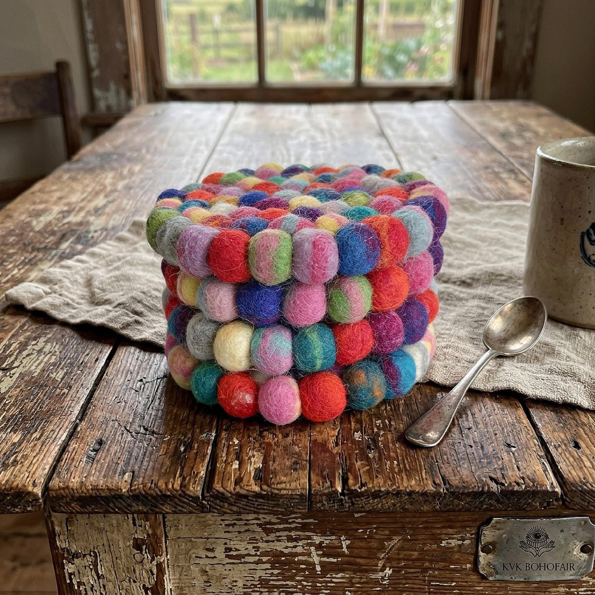 Colorful Wool Felt Ball Coaster Set, Handmade Drink Mug Rug, Eco Cup Mat
